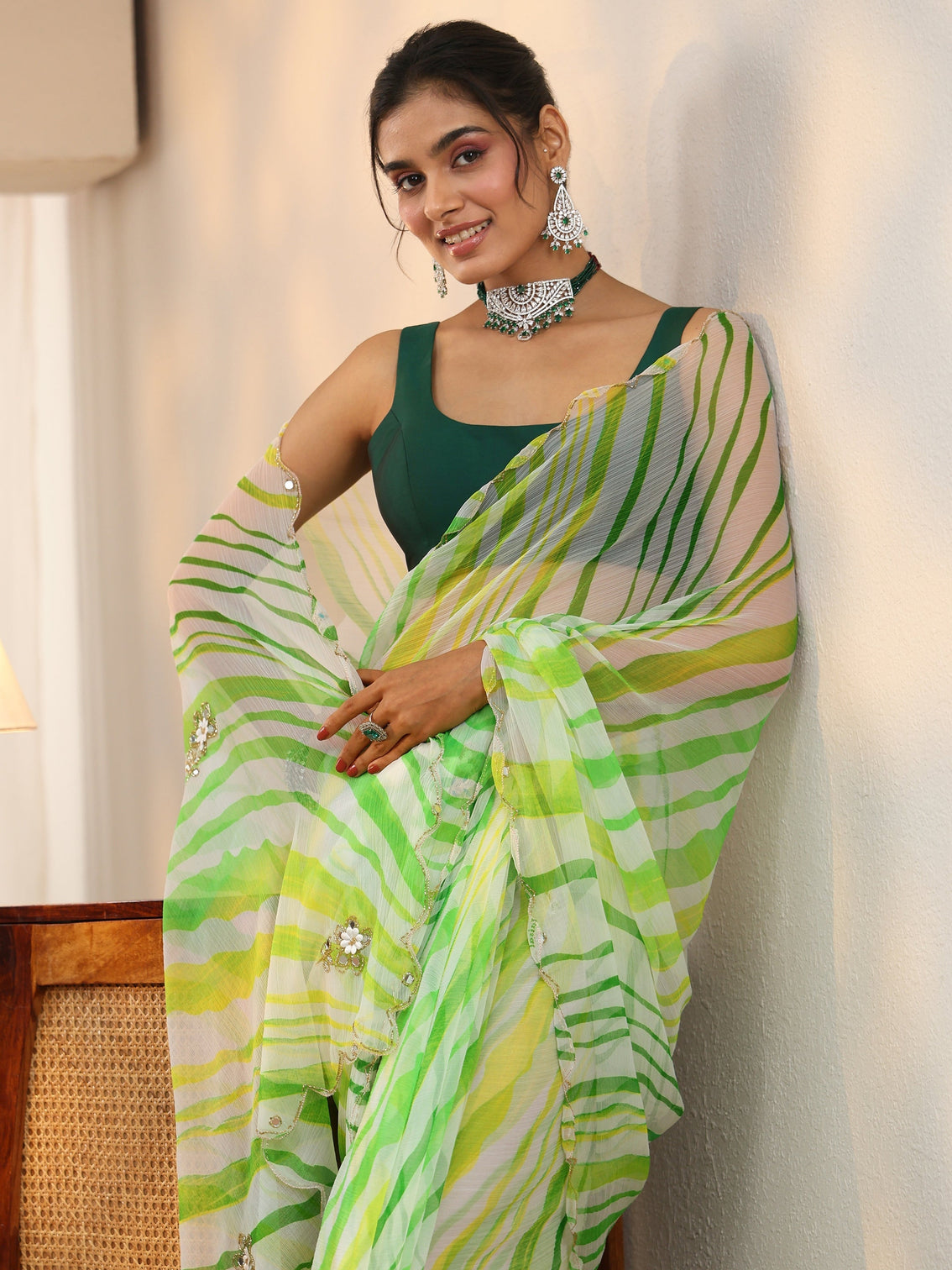 Mameraa Lime Green Leheriya Printed Chiffon Saree