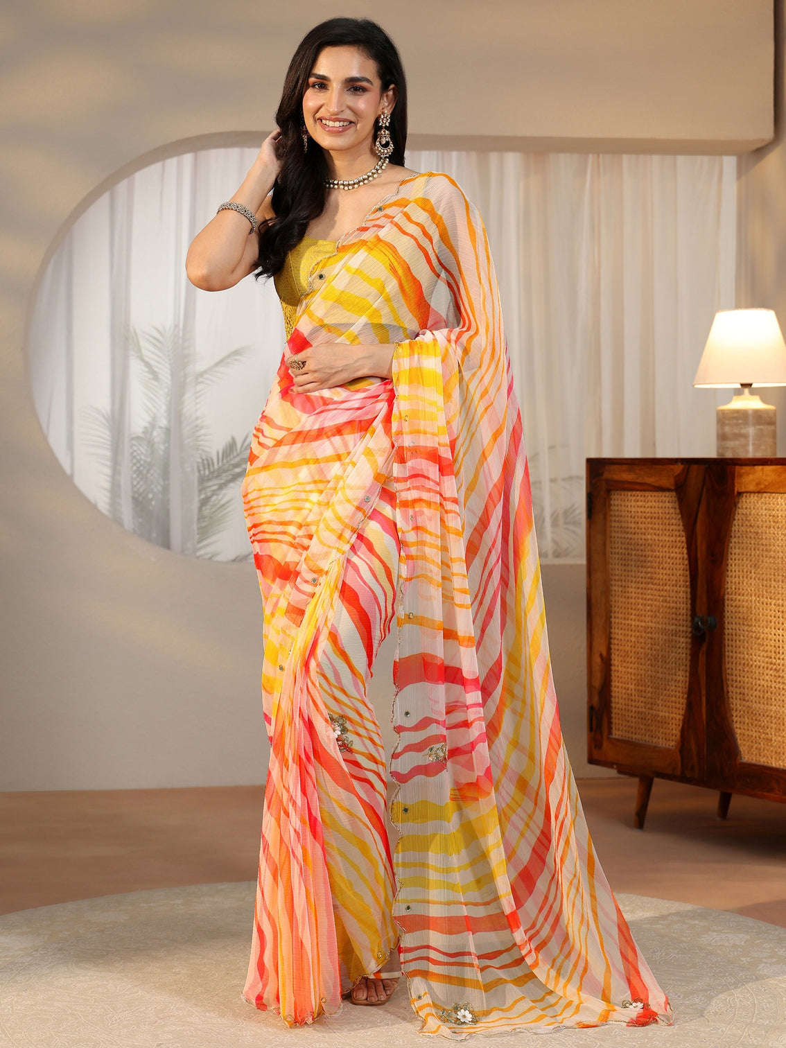 Mameraa Multi Leheriya Printed Chiffon Saree