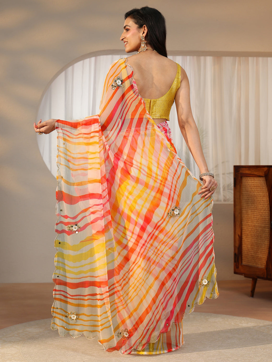 Mameraa Multi Leheriya Printed Chiffon Saree