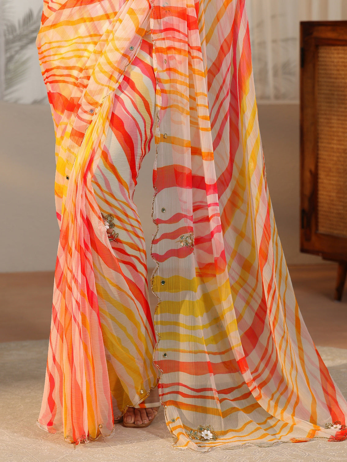 Mameraa Multi Leheriya Printed Chiffon Saree