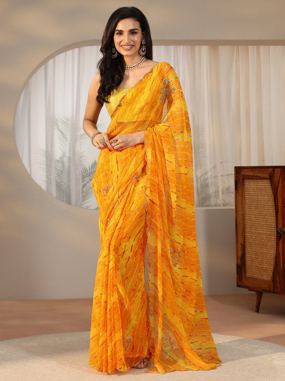 Mameraa Orange Leheriya Printed Chiffon Saree