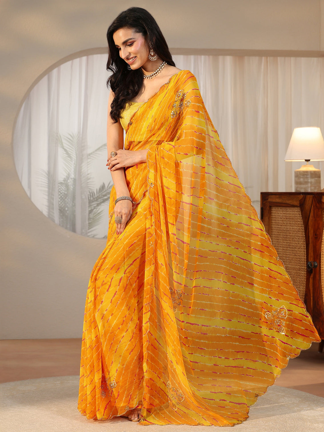 Mameraa Orange Leheriya Printed Chiffon Saree