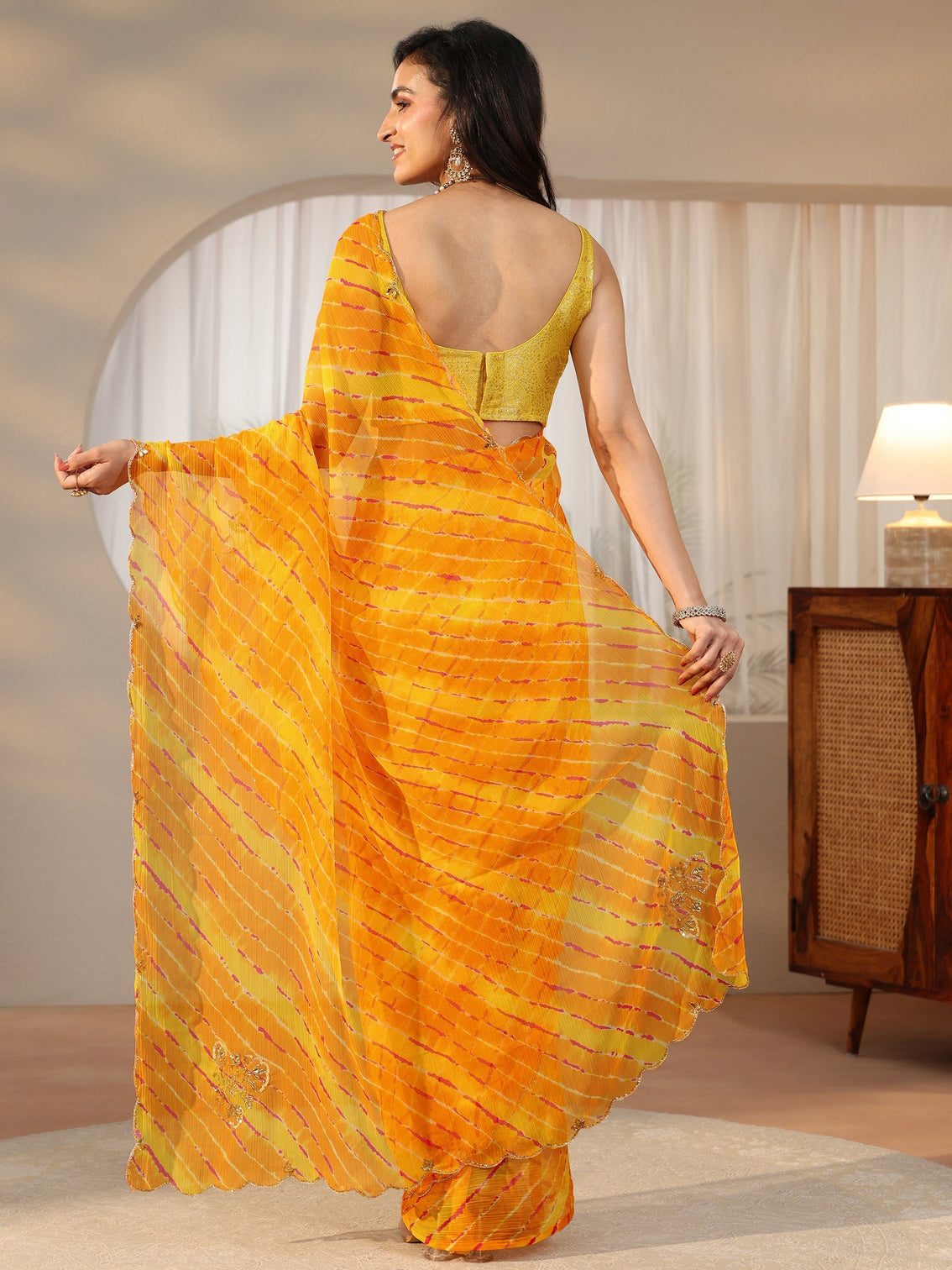 Mameraa Orange Leheriya Printed Chiffon Saree