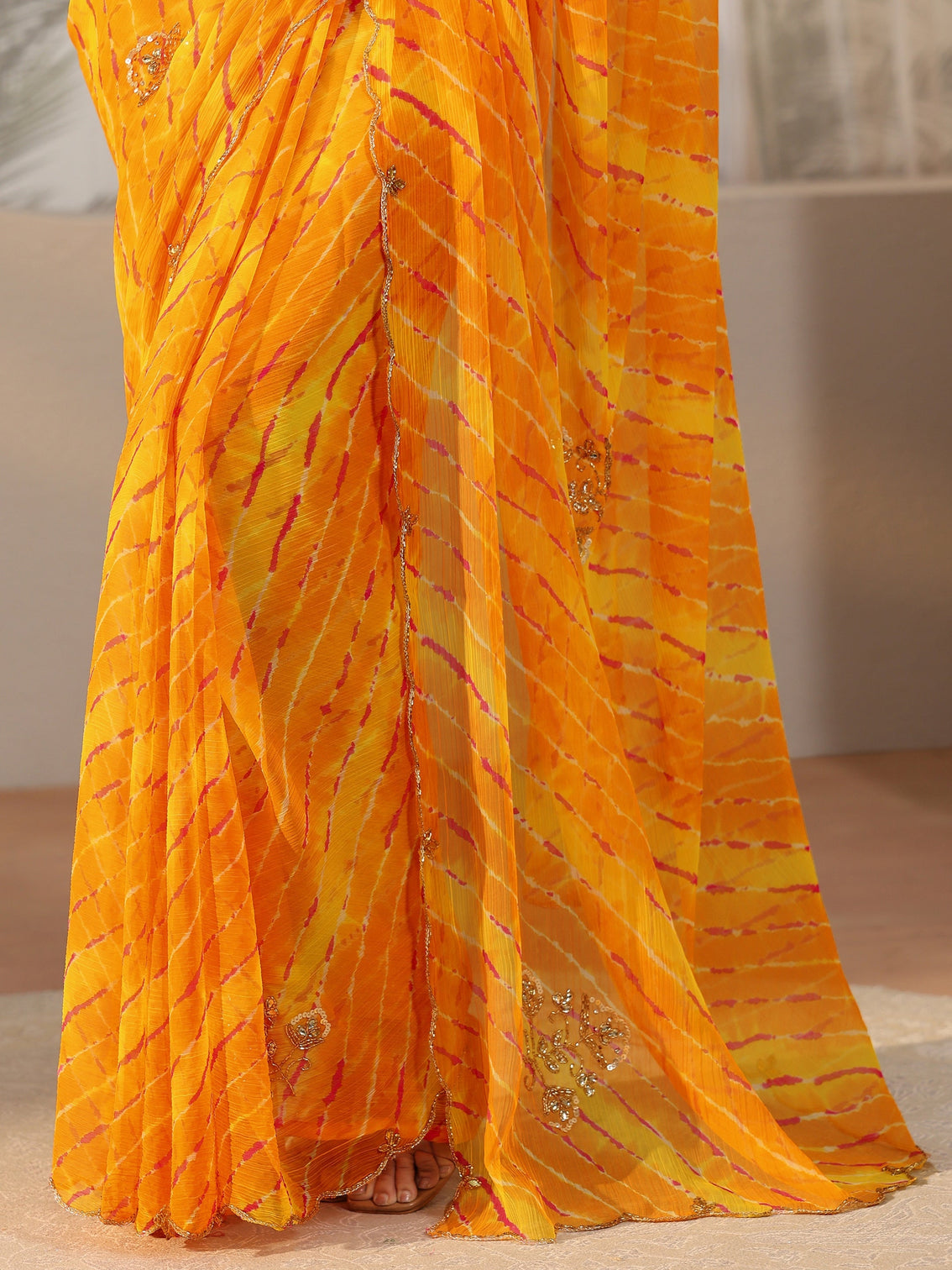 Mameraa Orange Leheriya Printed Chiffon Saree