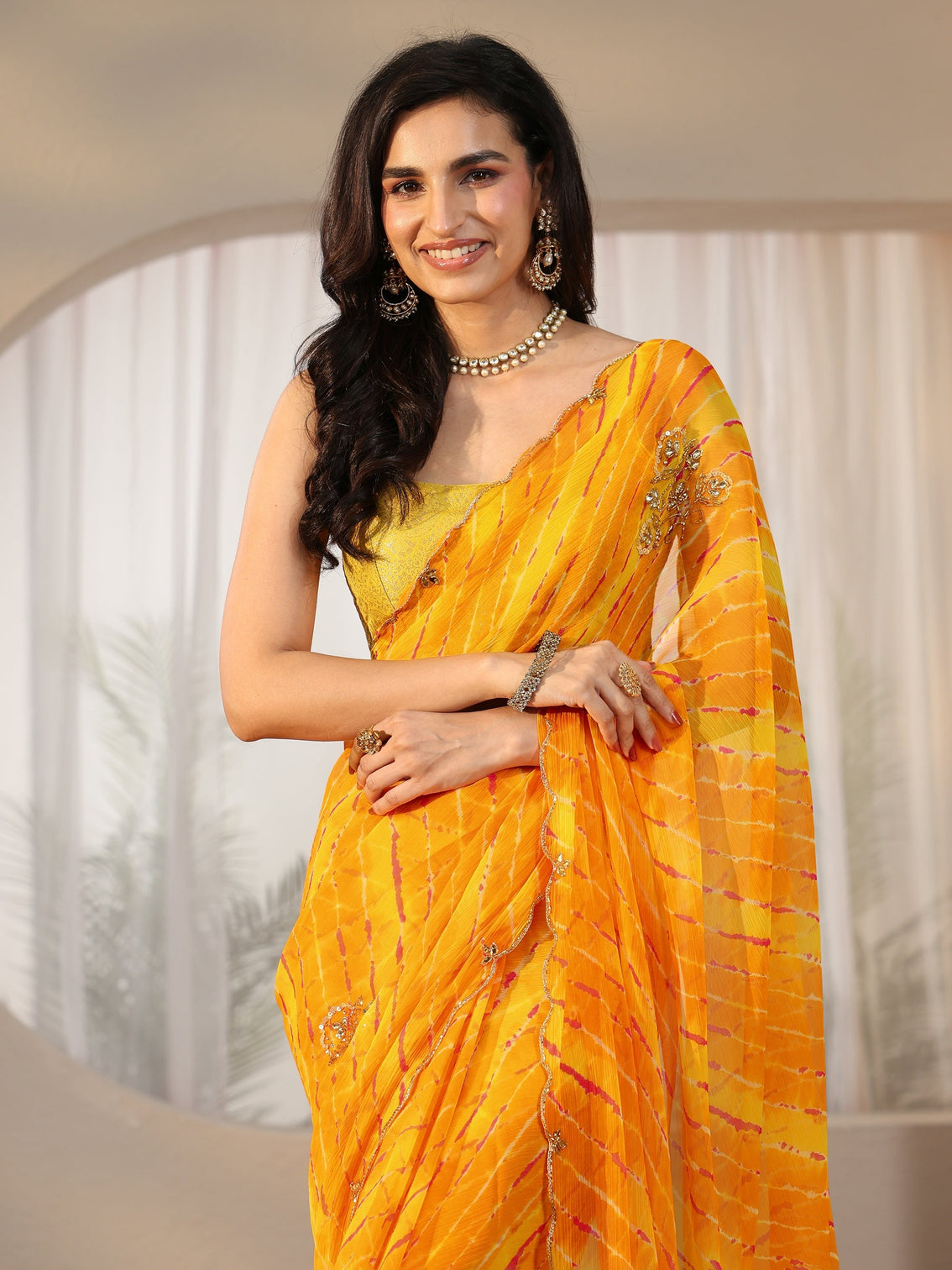 Mameraa Orange Leheriya Printed Chiffon Saree