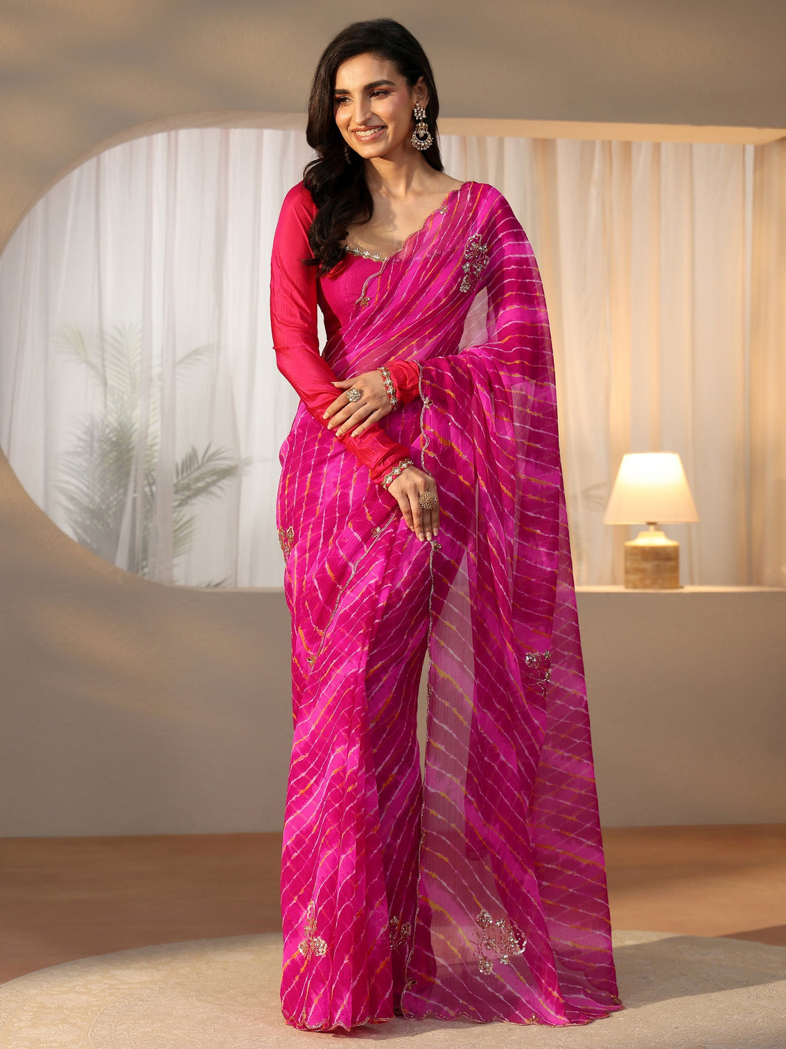 Mameraa Rani Pink Leheriya Printed Chiffon Saree
