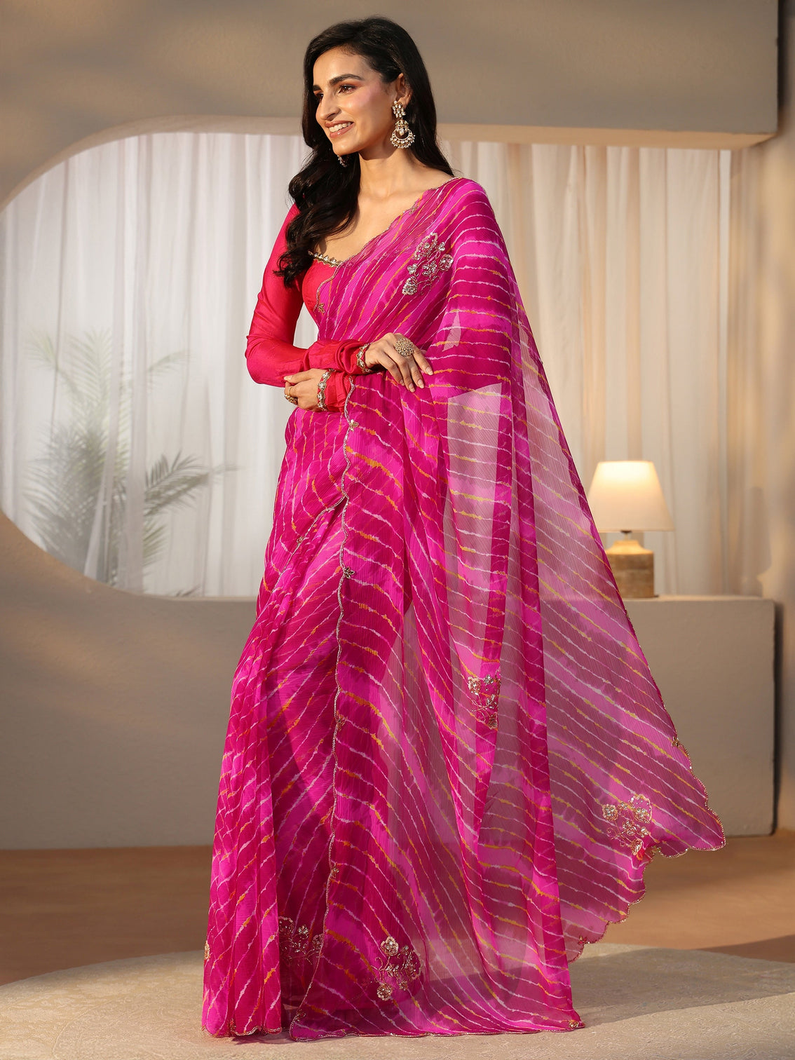 Mameraa Rani Pink Leheriya Printed Chiffon Saree