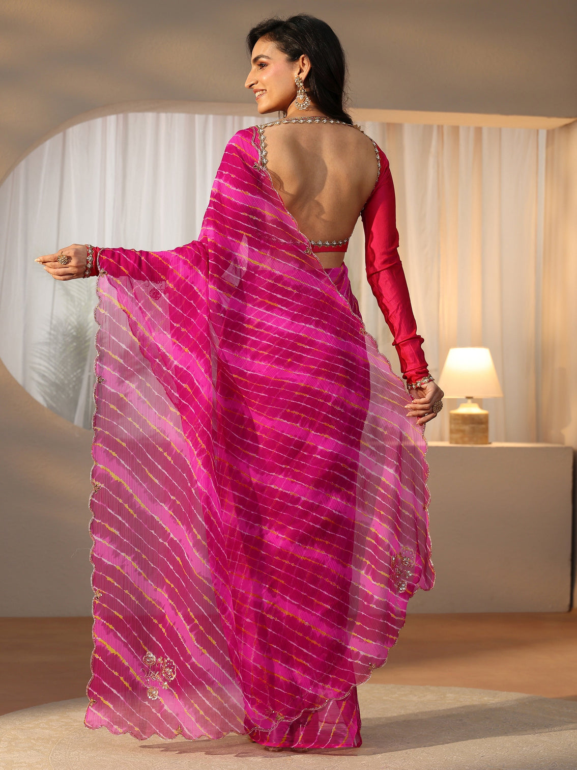 Mameraa Rani Pink Leheriya Printed Chiffon Saree