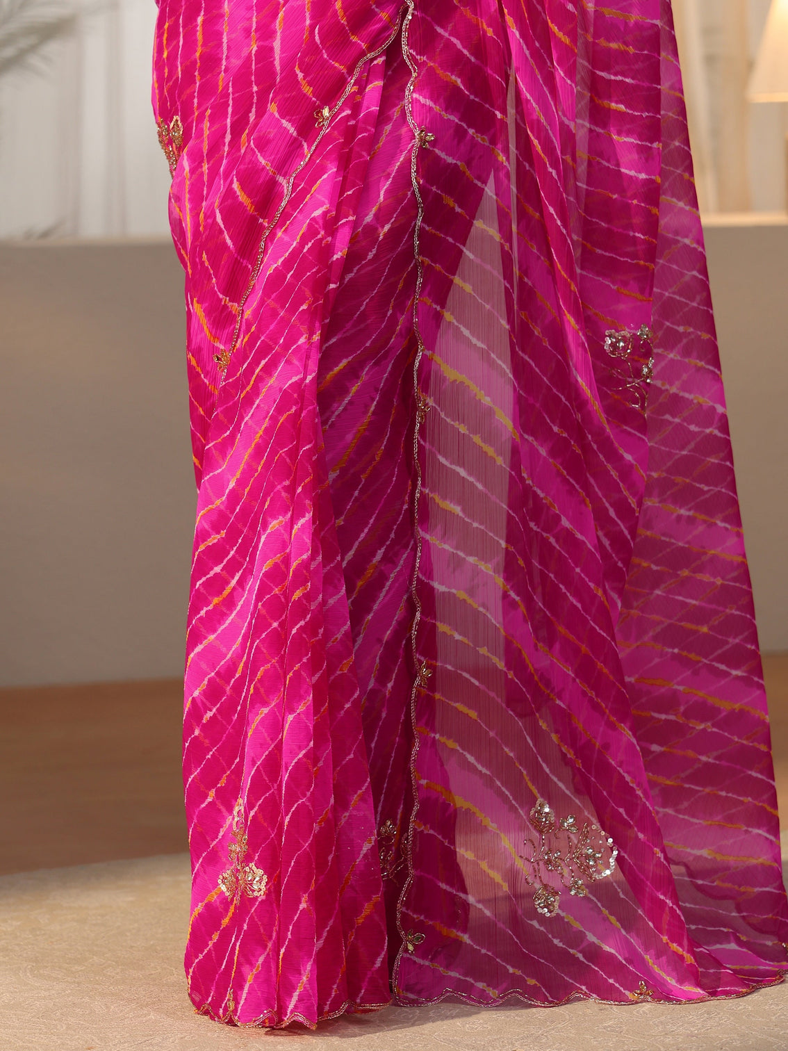 Mameraa Rani Pink Leheriya Printed Chiffon Saree