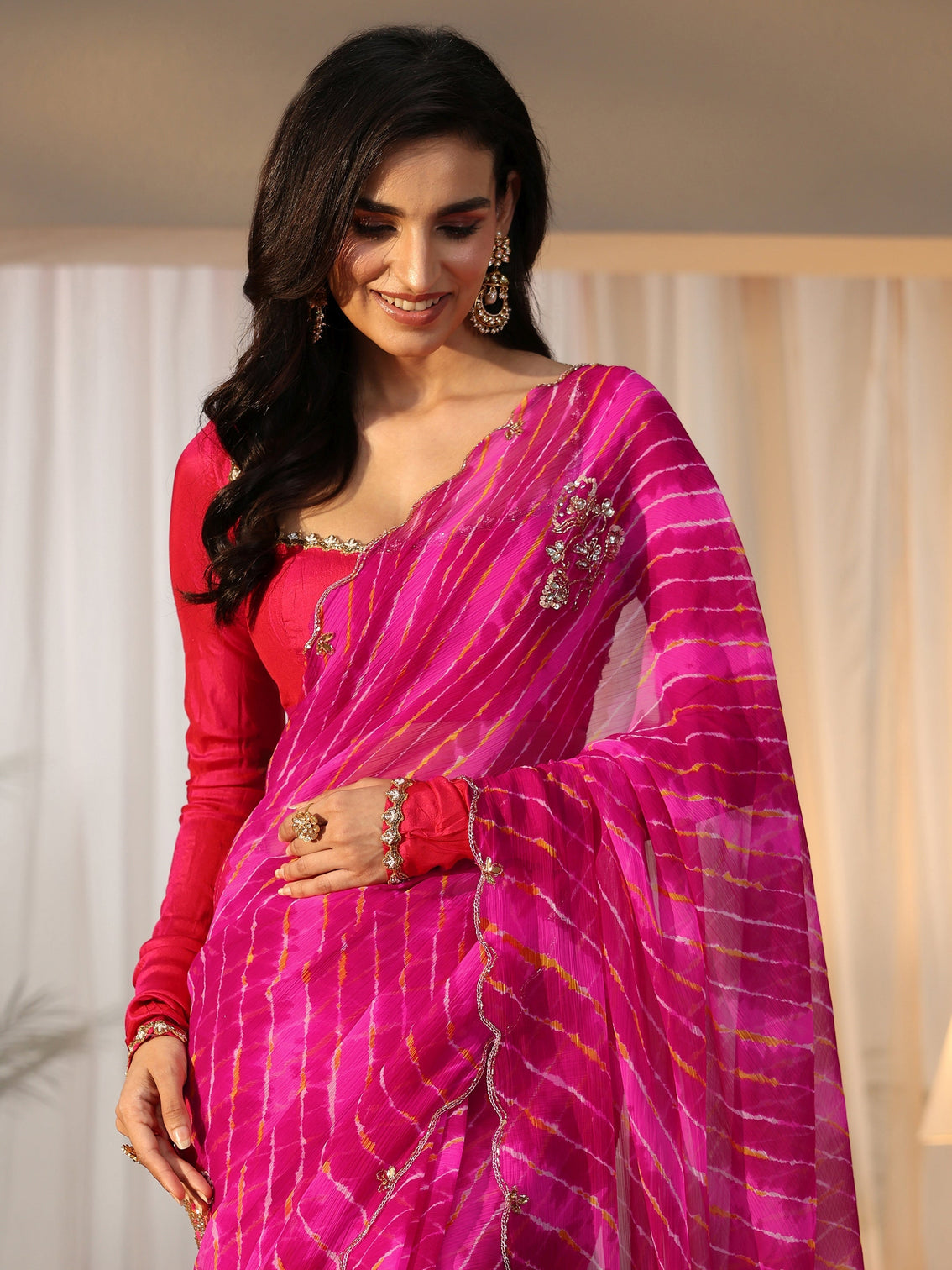 Mameraa Rani Pink Leheriya Printed Chiffon Saree
