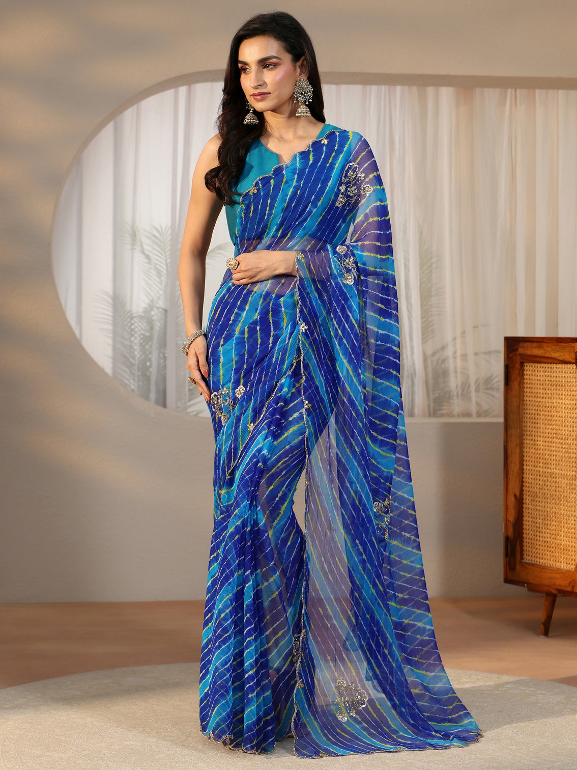 Mameraa Cobalt Blue Leheriya Printed Chiffon Saree