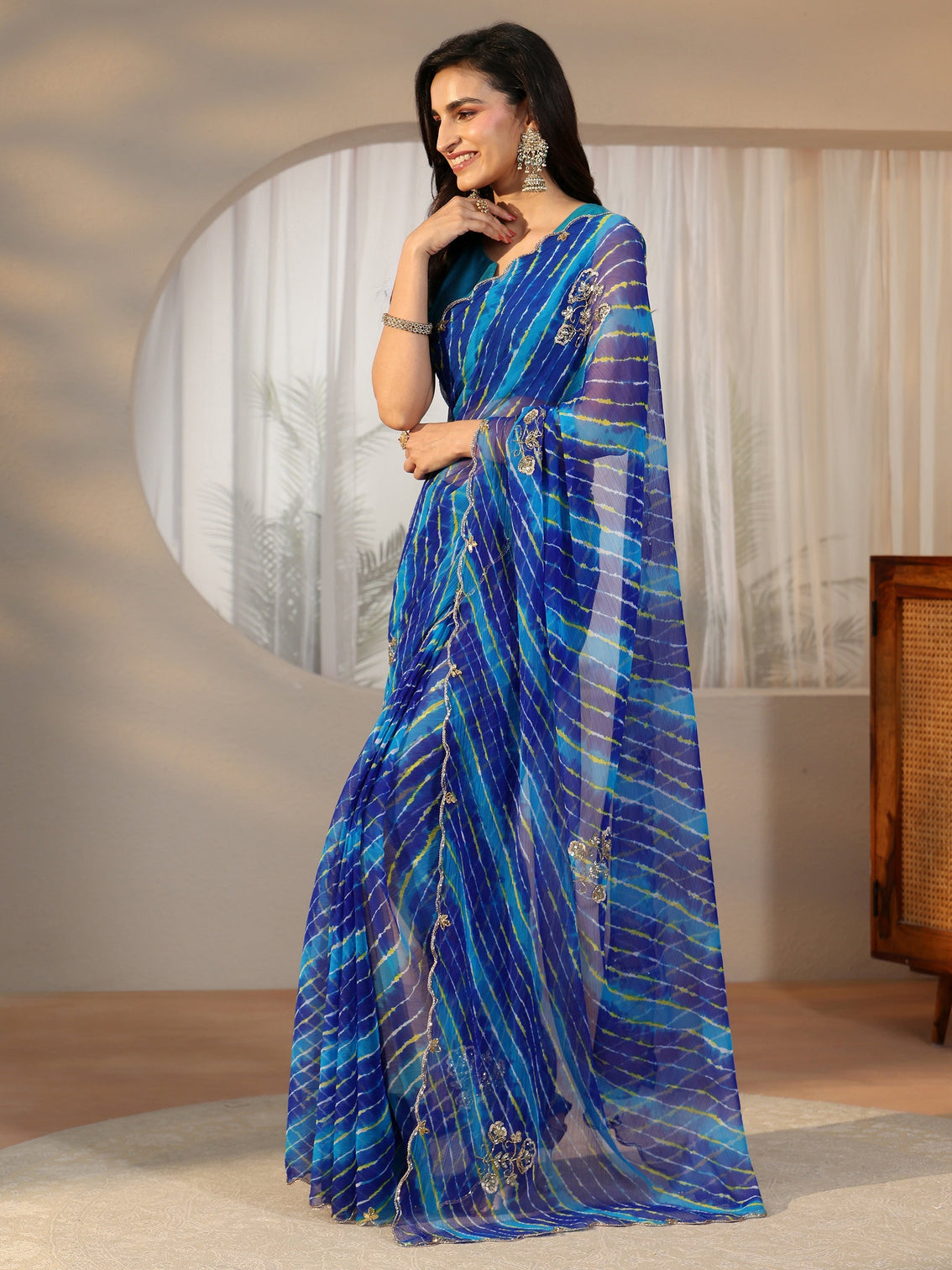Mameraa Cobalt Blue Leheriya Printed Chiffon Saree