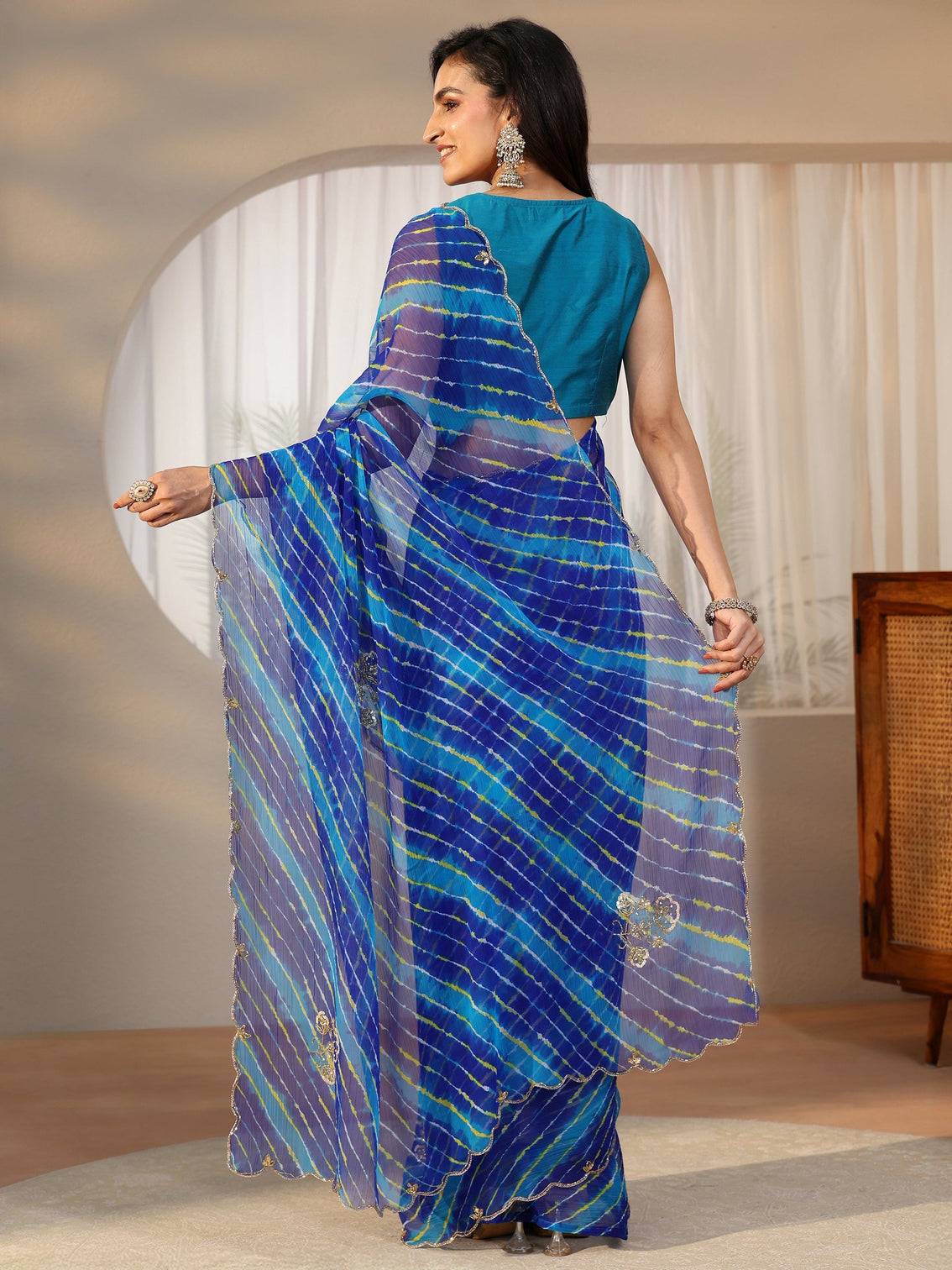 Mameraa Cobalt Blue Leheriya Printed Chiffon Saree
