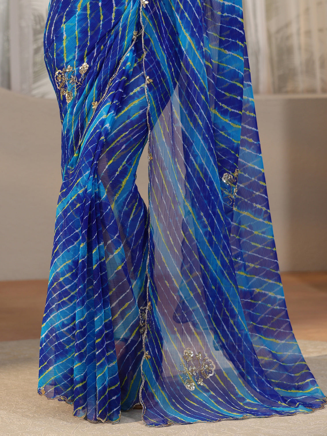 Mameraa Cobalt Blue Leheriya Printed Chiffon Saree