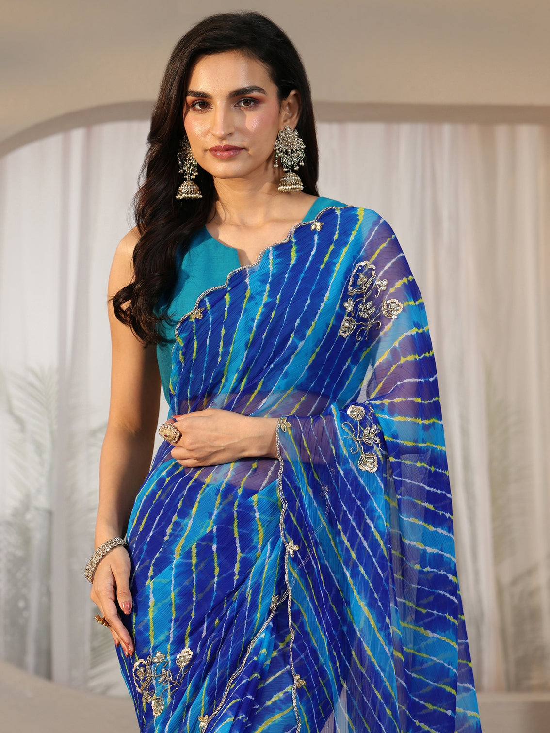 Mameraa Cobalt Blue Leheriya Printed Chiffon Saree