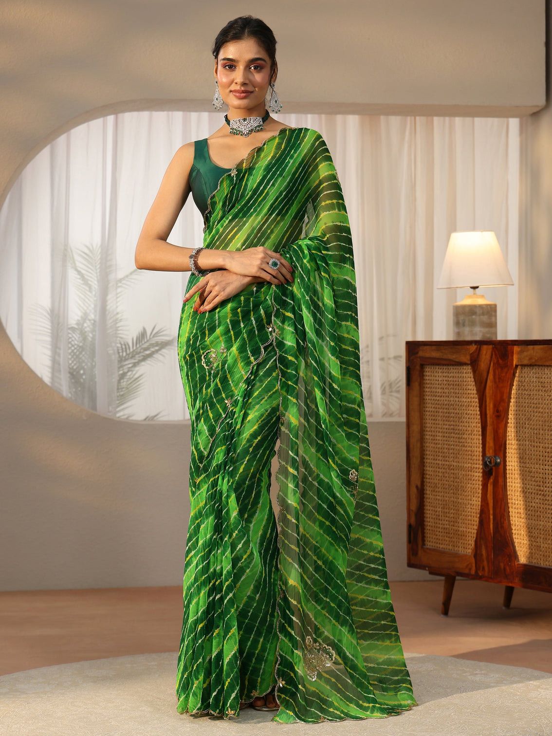 Mameraa Fern Green Leheriya Printed Chiffon Saree