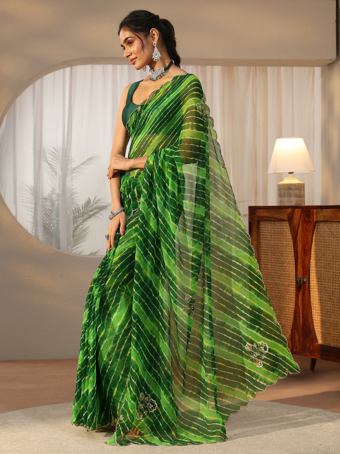 Mameraa Fern Green Leheriya Printed Chiffon Saree