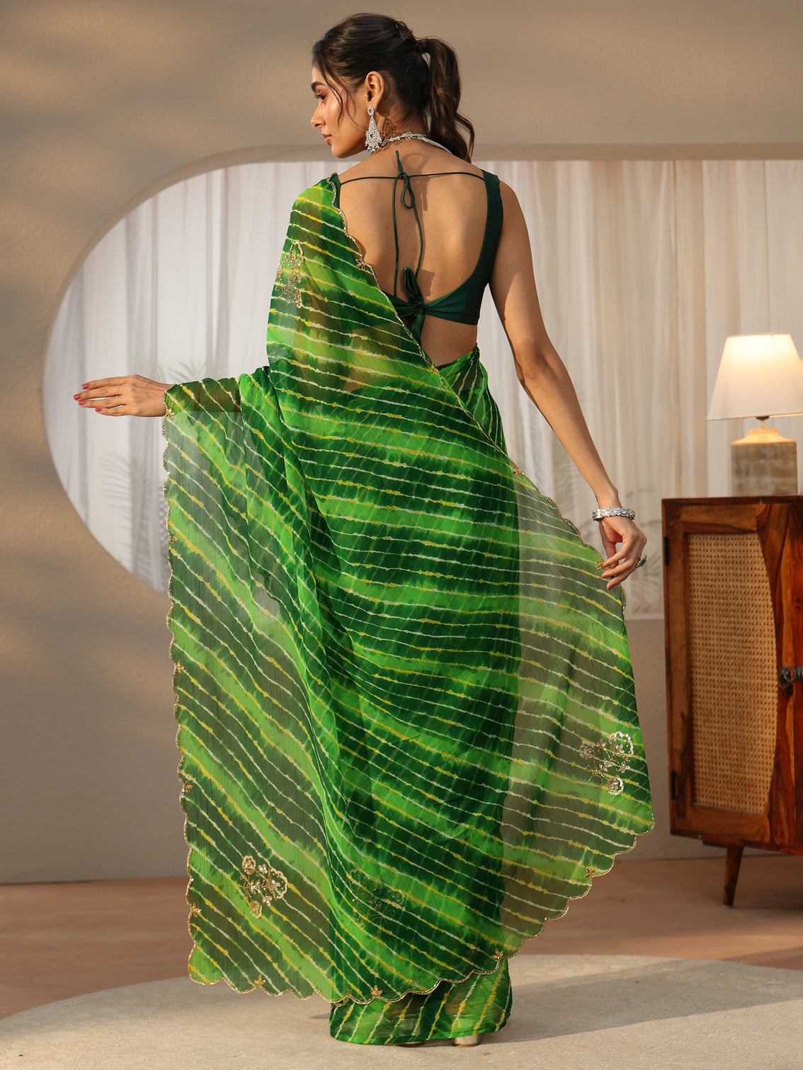Mameraa Fern Green Leheriya Printed Chiffon Saree