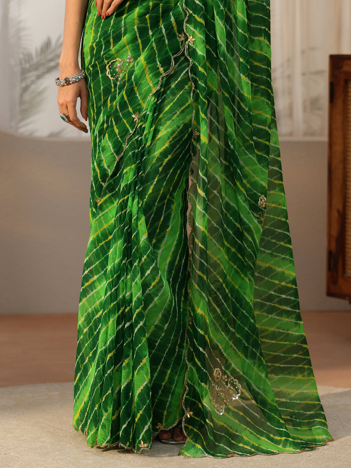 Mameraa Fern Green Leheriya Printed Chiffon Saree