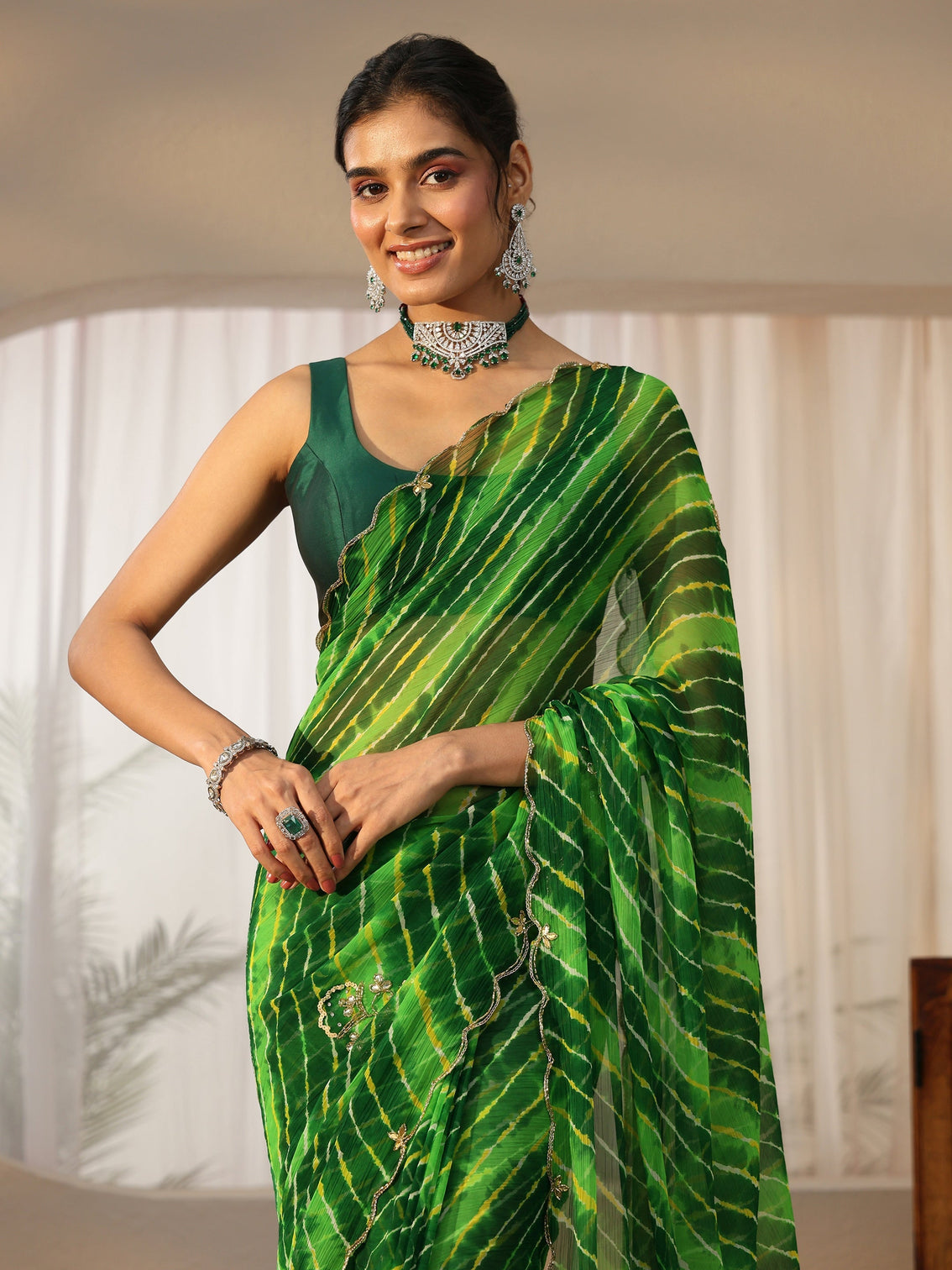 Mameraa Fern Green Leheriya Printed Chiffon Saree