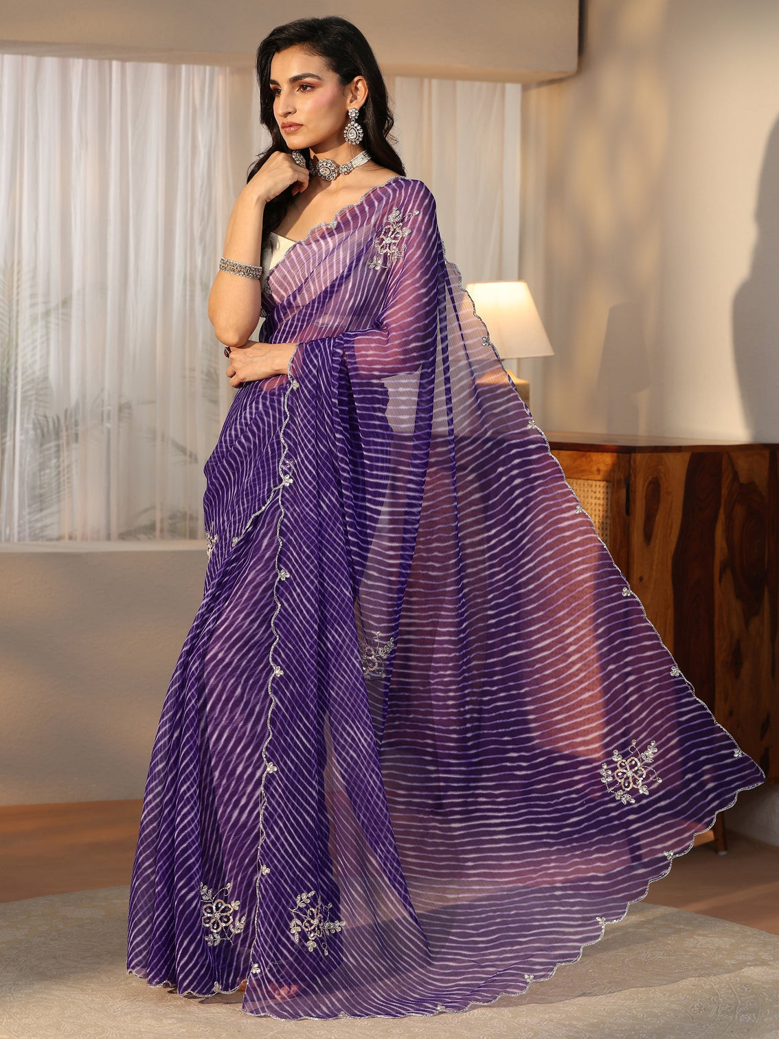 Mameraa Royal Purple Leheriya Printed Chiffon Saree
