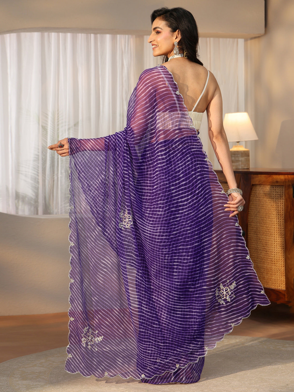 Mameraa Royal Purple Leheriya Printed Chiffon Saree