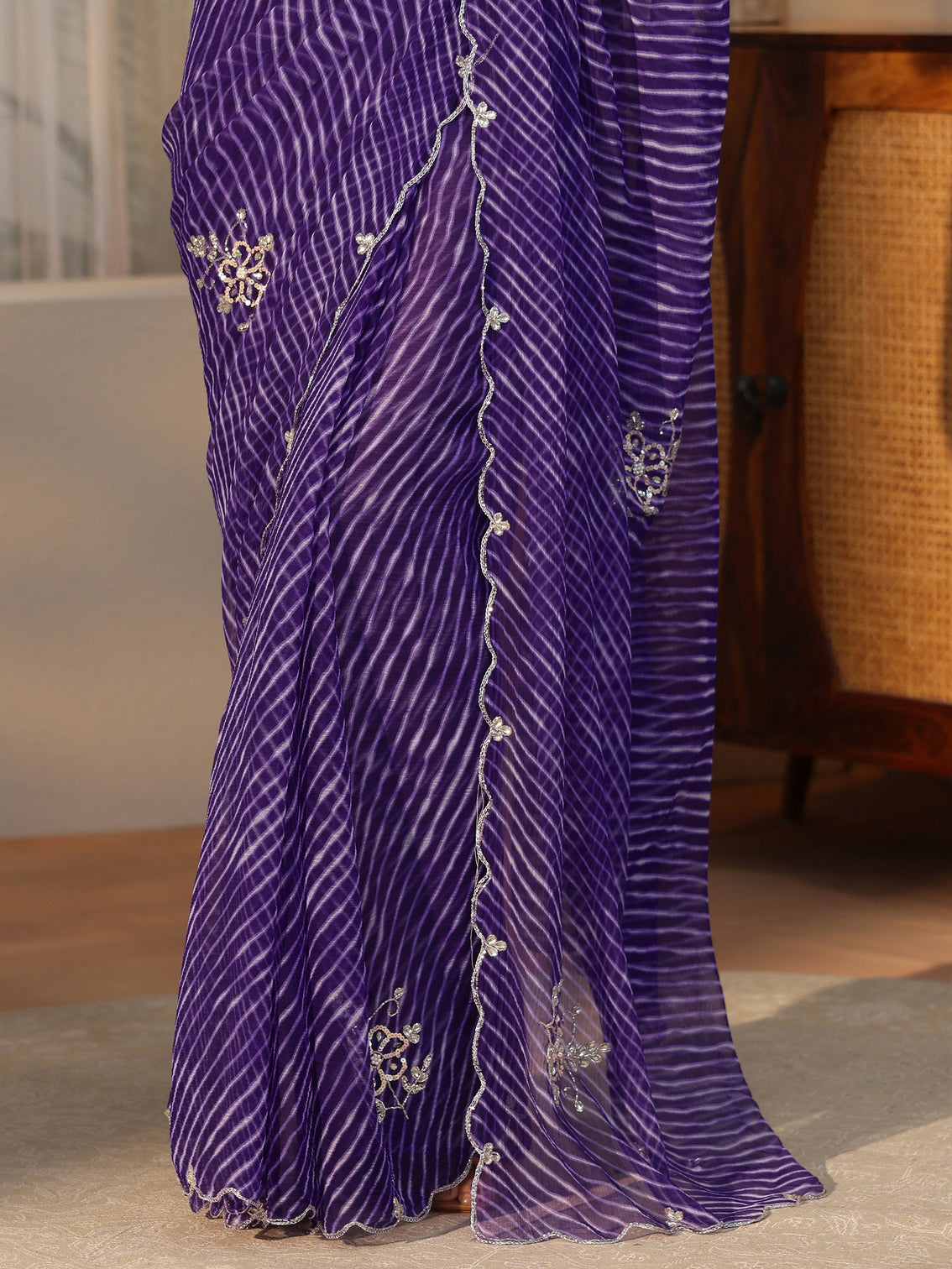 Mameraa Royal Purple Leheriya Printed Chiffon Saree