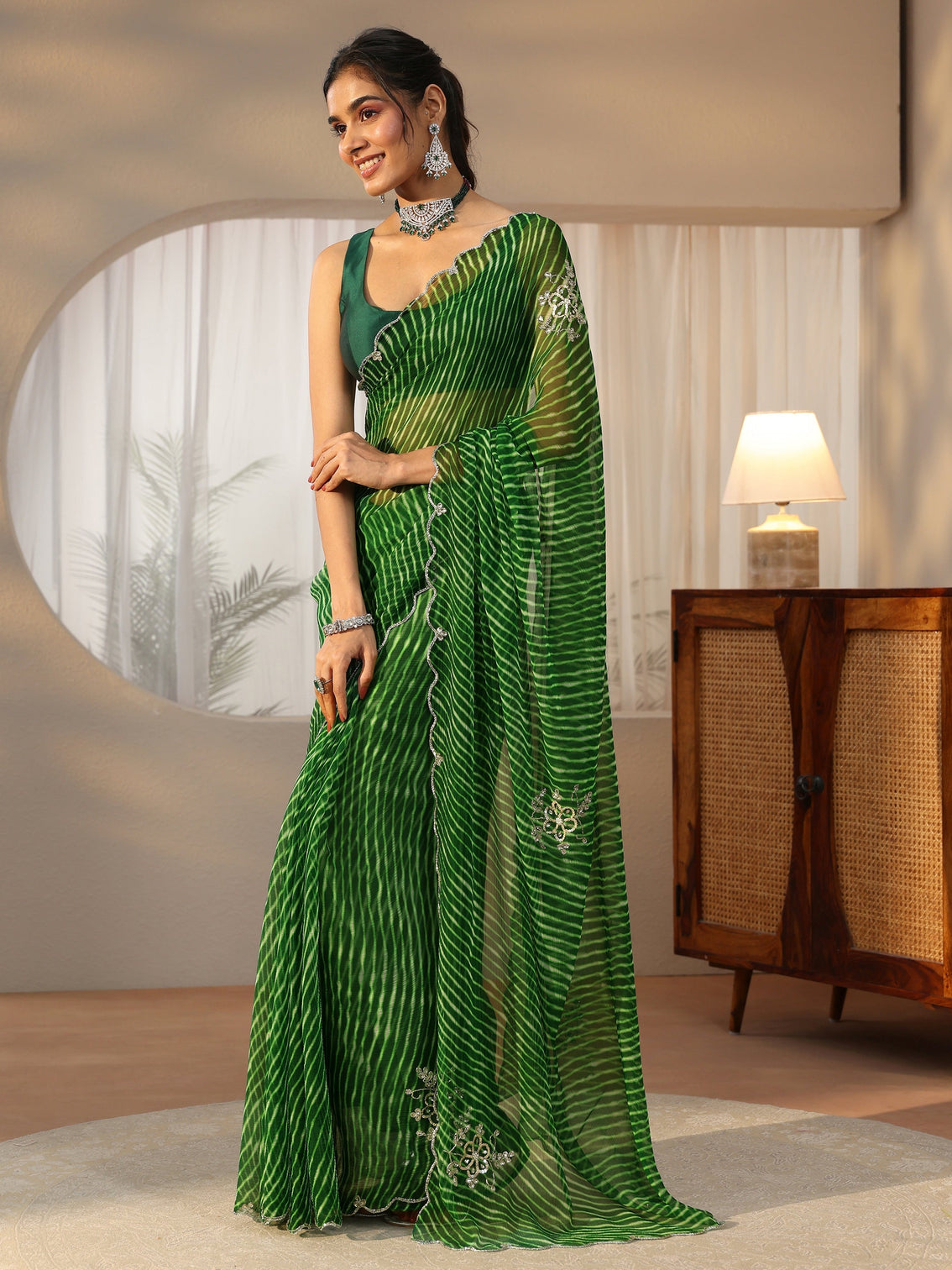 Mameraa Forrest Green Leheriya Printed Chiffon Saree