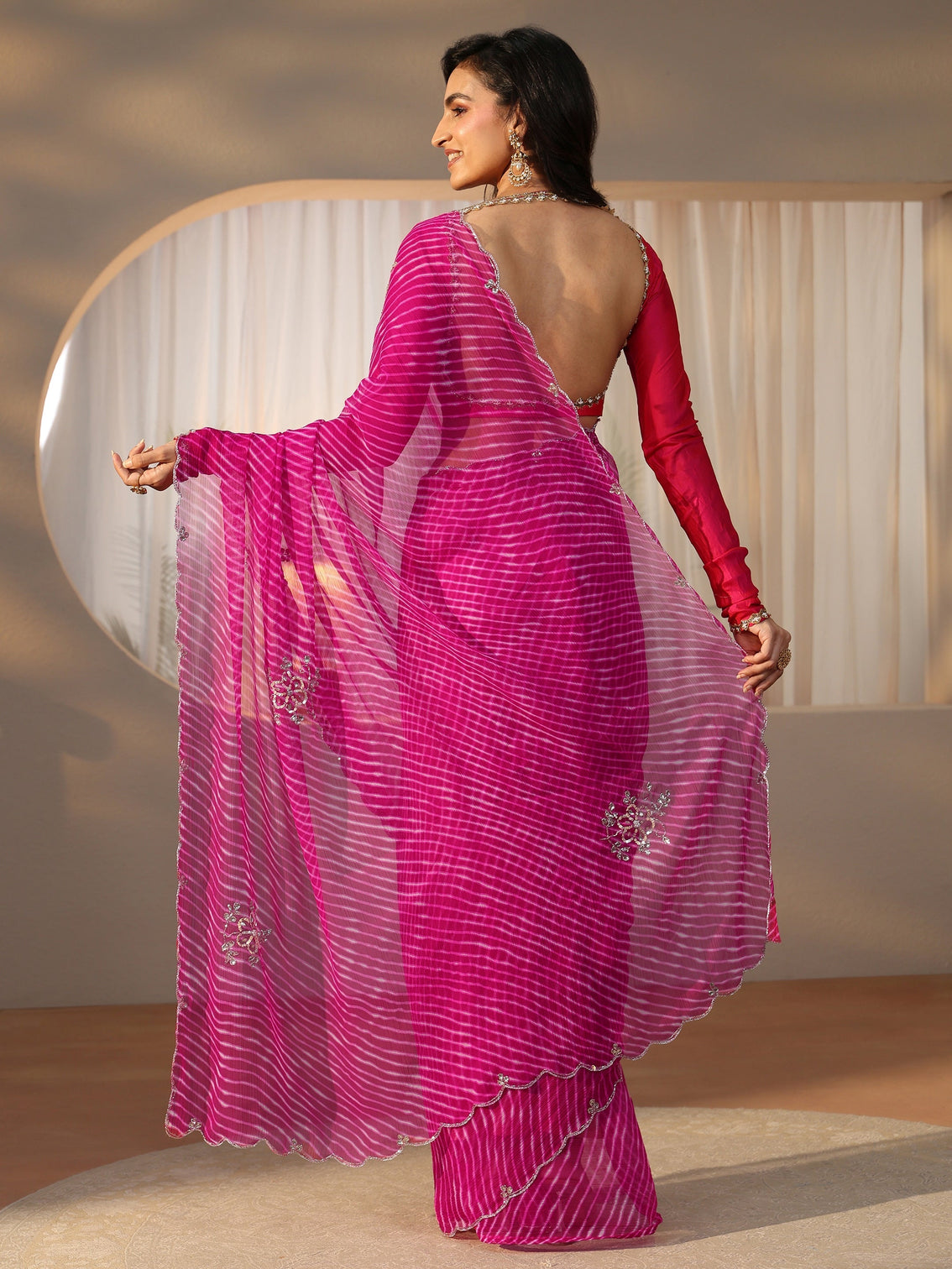 Mameraa Rani Pink Leheriya Printed Chiffon Saree
