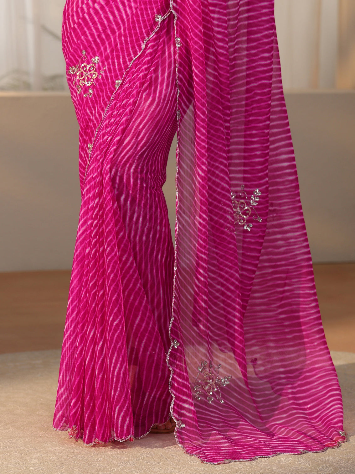 Mameraa Rani Pink Leheriya Printed Chiffon Saree