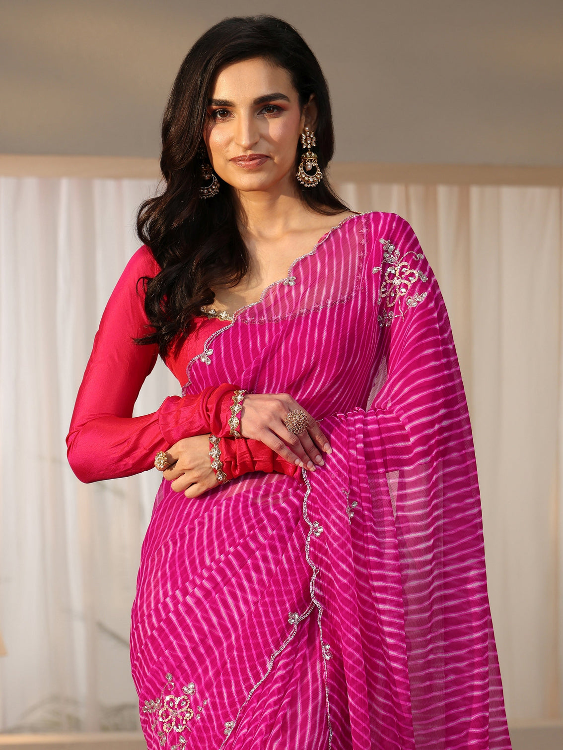 Mameraa Rani Pink Leheriya Printed Chiffon Saree