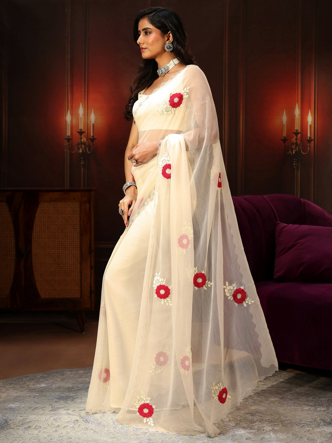 Mameraa Ivory Chiffon Saree with Embellished Floral Motifs