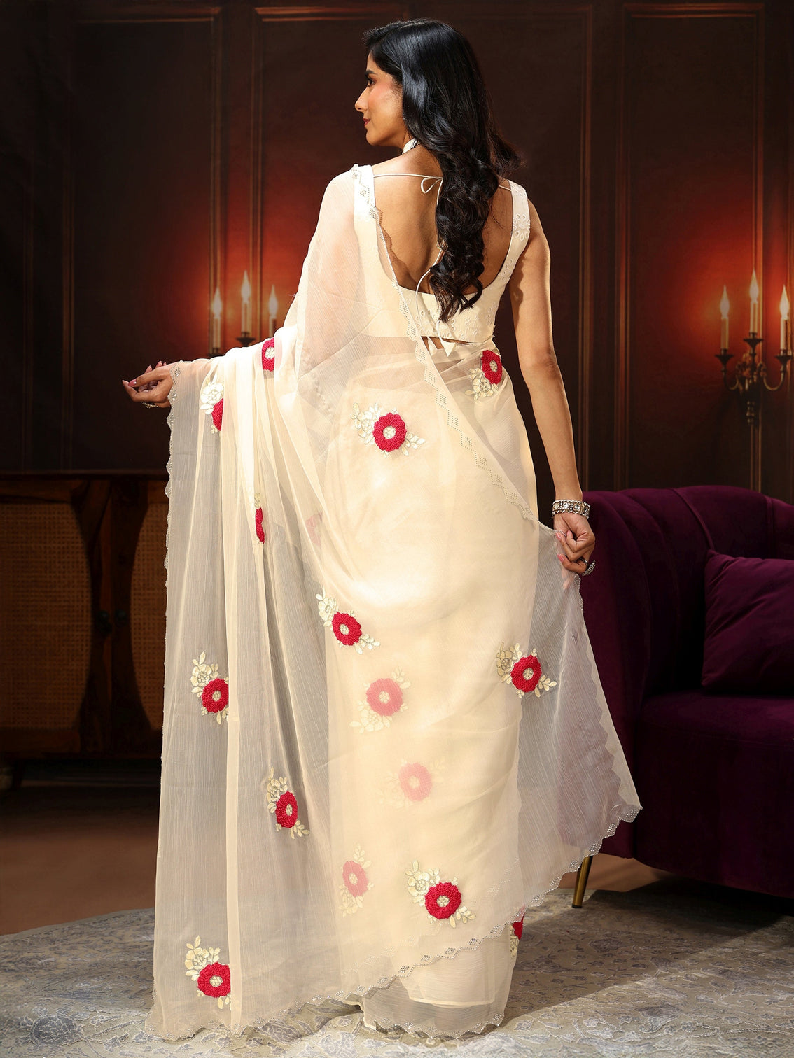 Mameraa Ivory Chiffon Saree with Embellished Floral Motifs
