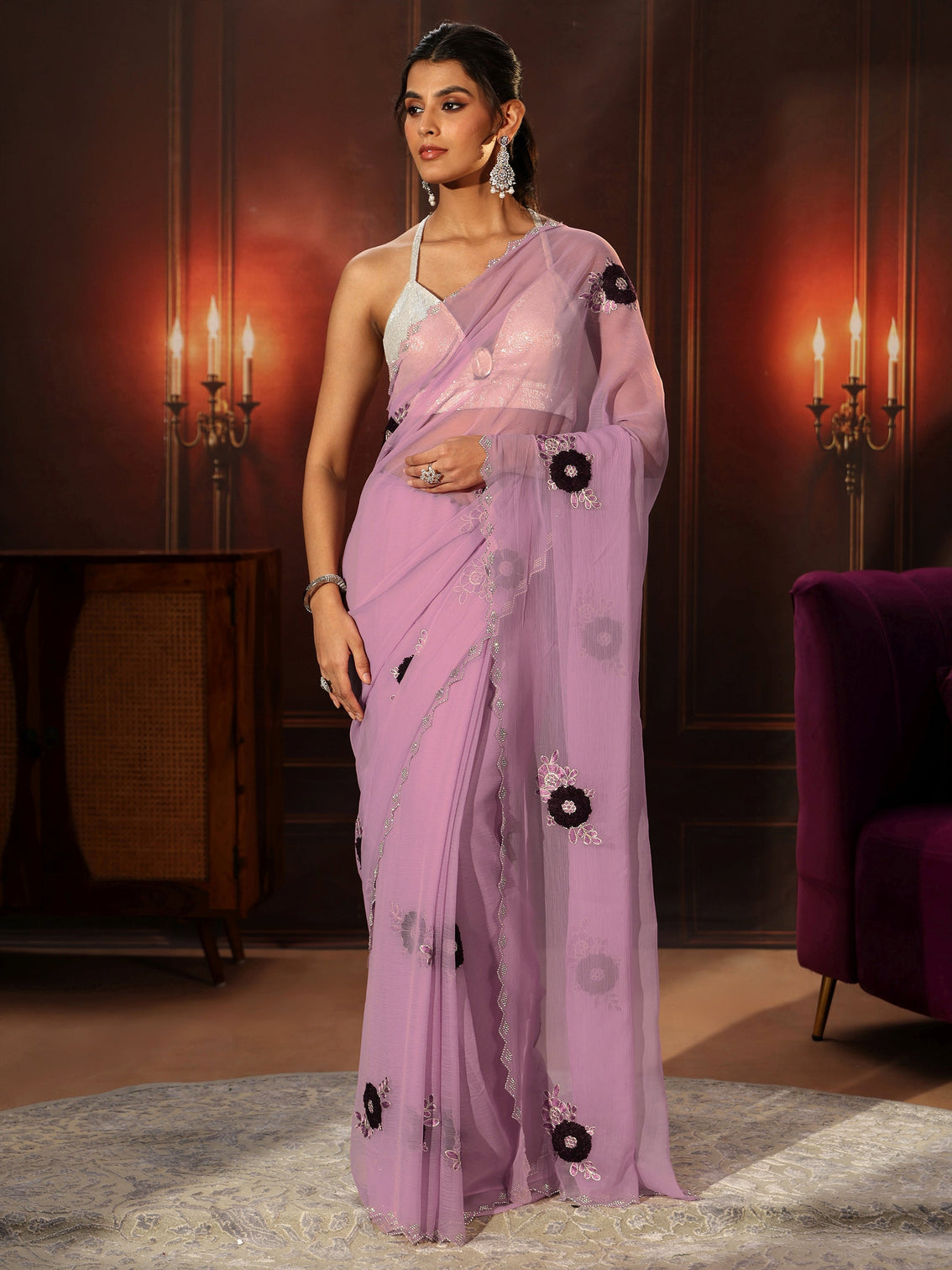 Mameraa Lavender Chiffon Saree with Embellished Floral Motifs
