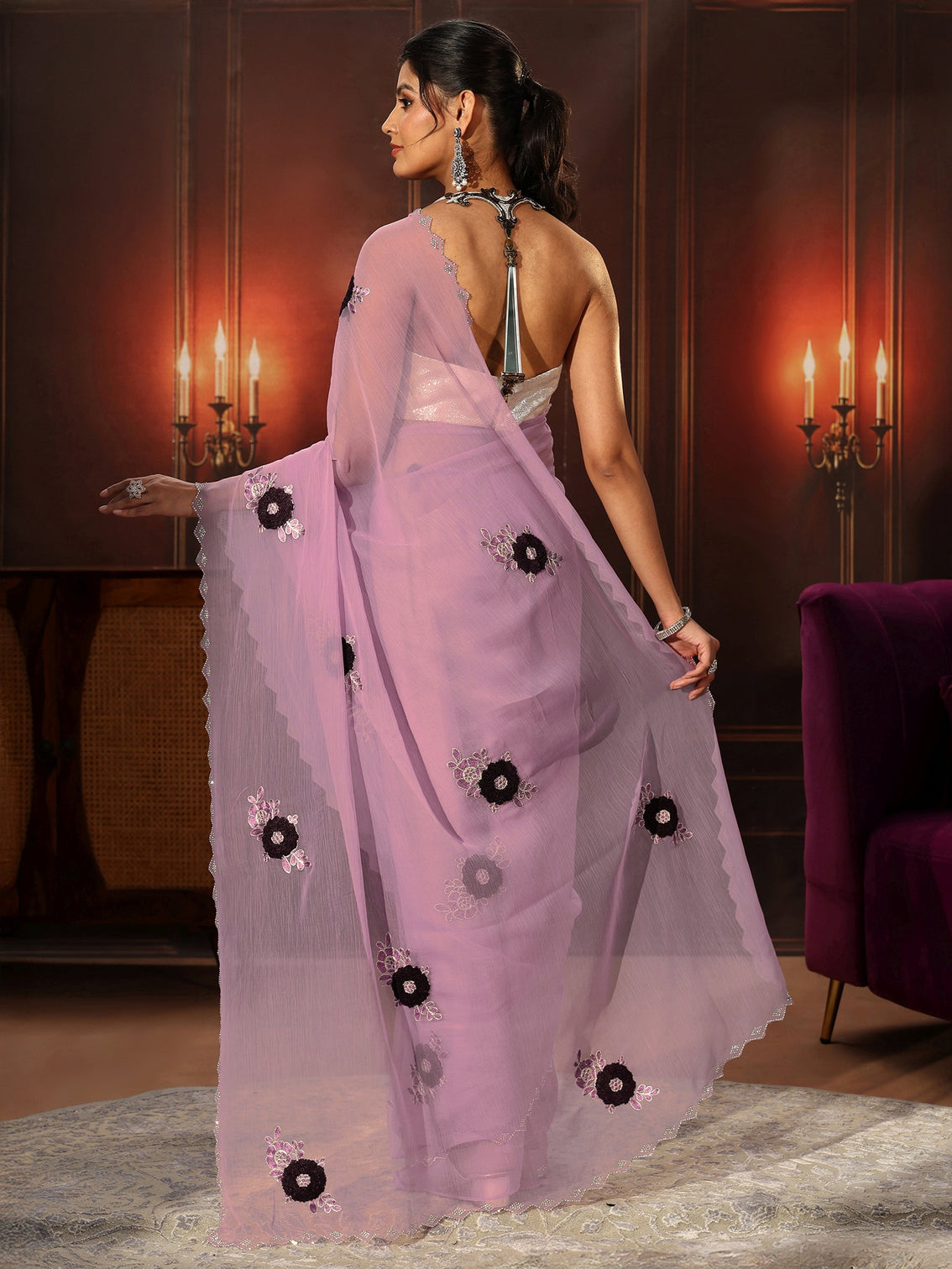 Mameraa Lavender Chiffon Saree with Embellished Floral Motifs