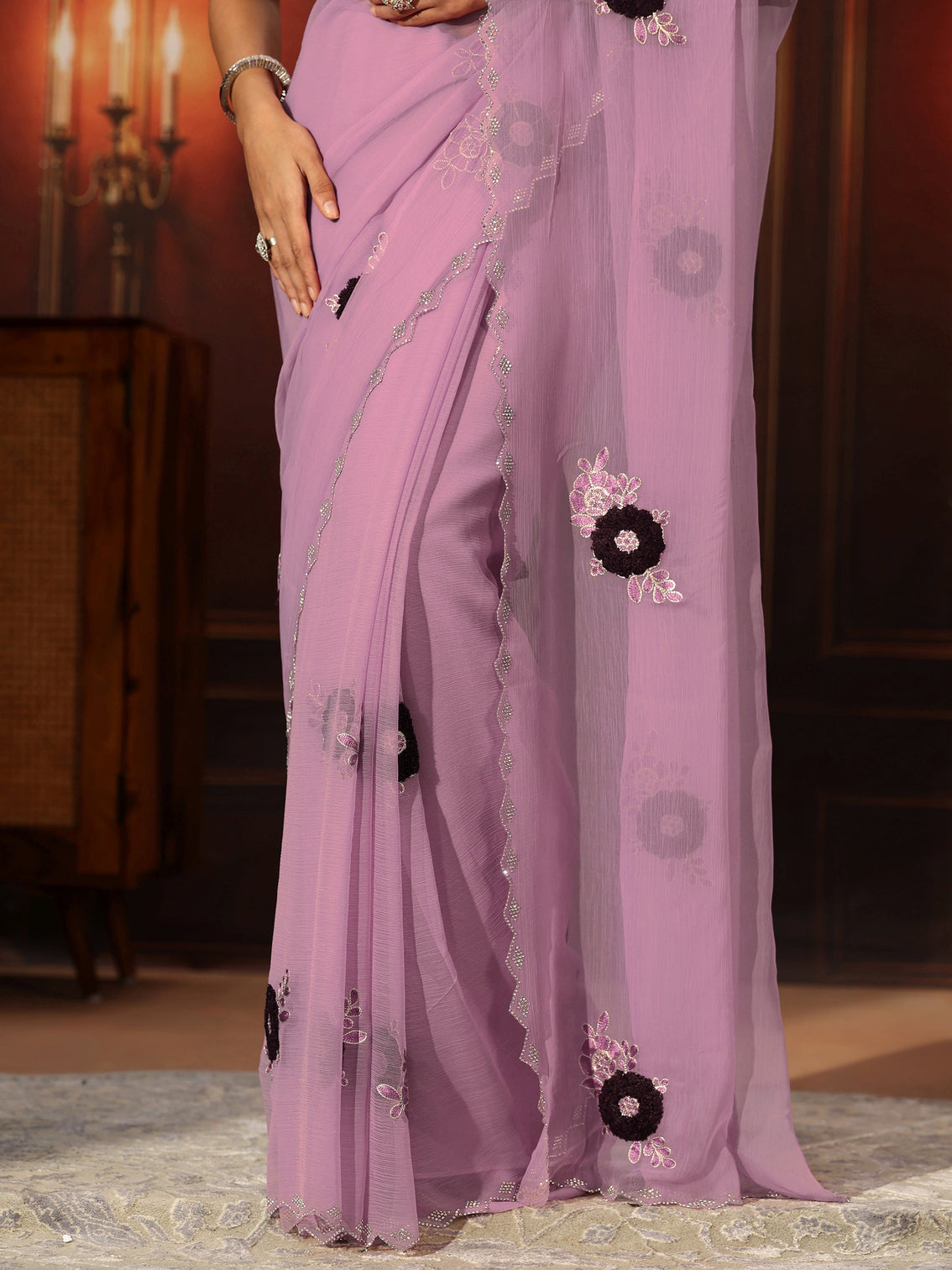 Mameraa Lavender Chiffon Saree with Embellished Floral Motifs