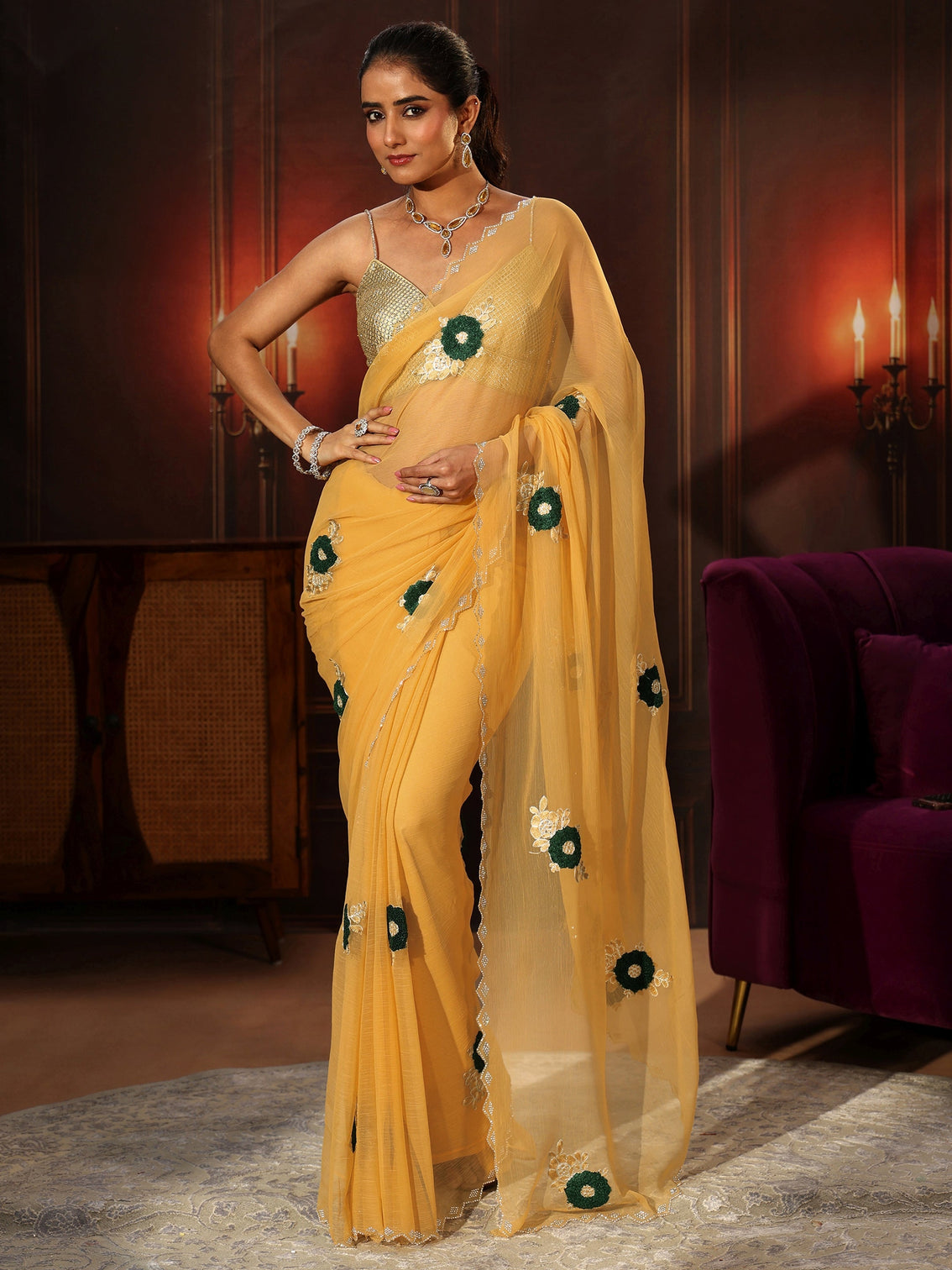 Mameraa Sunshine Yellow Chiffon Saree with Embellished Floral Motifs