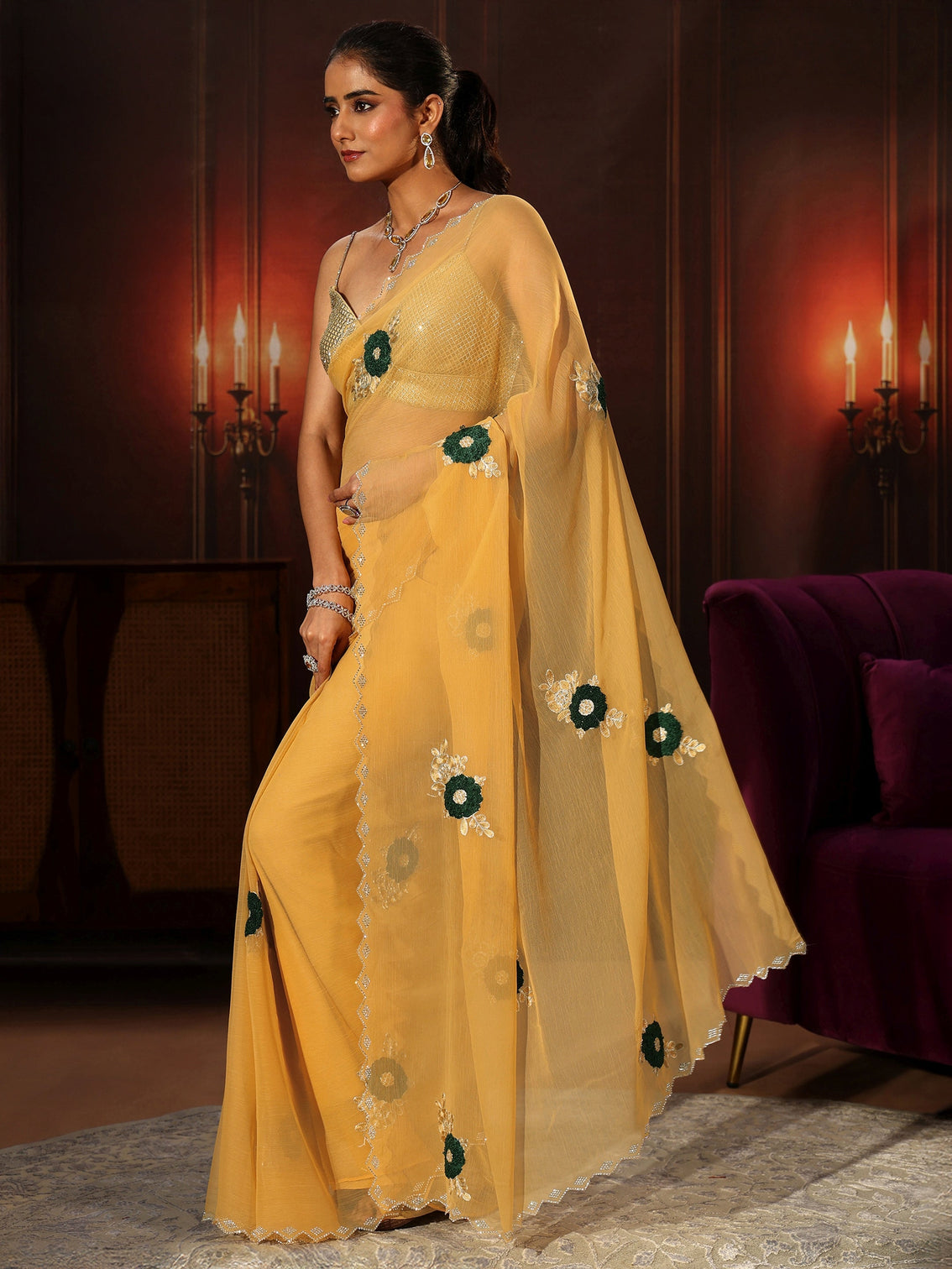 Mameraa Sunshine Yellow Chiffon Saree with Embellished Floral Motifs