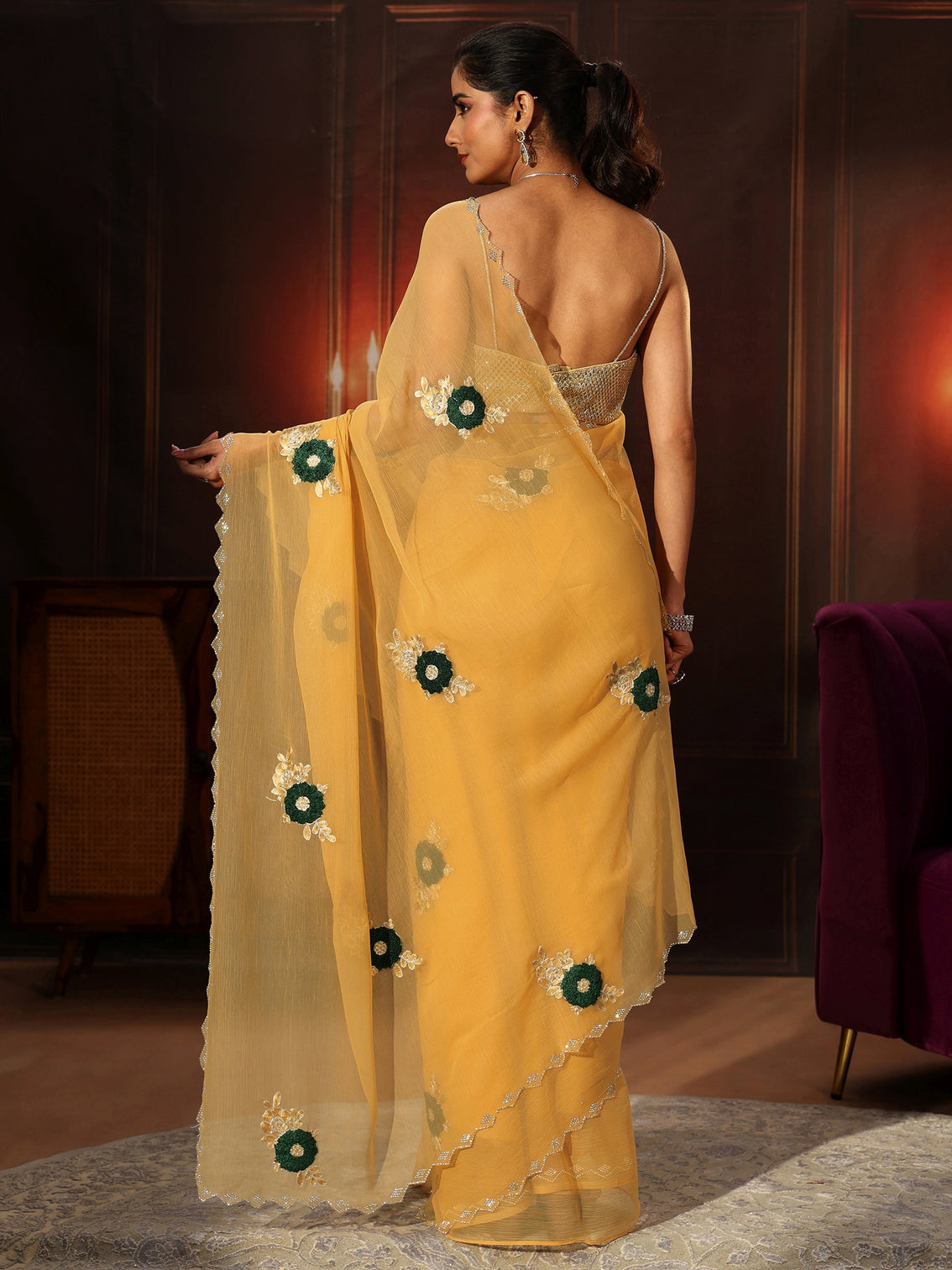 Mameraa Sunshine Yellow Chiffon Saree with Embellished Floral Motifs