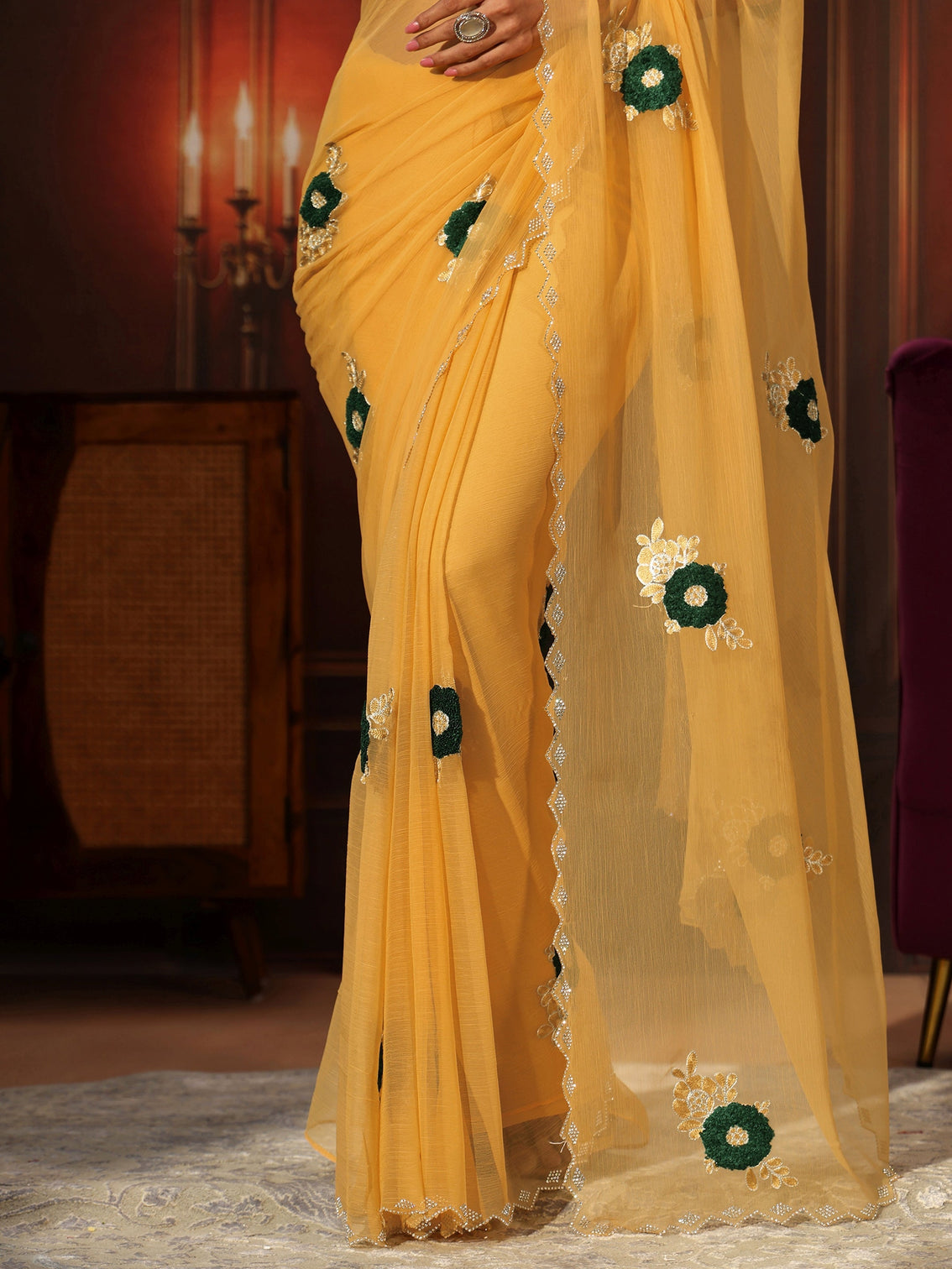 Mameraa Sunshine Yellow Chiffon Saree with Embellished Floral Motifs