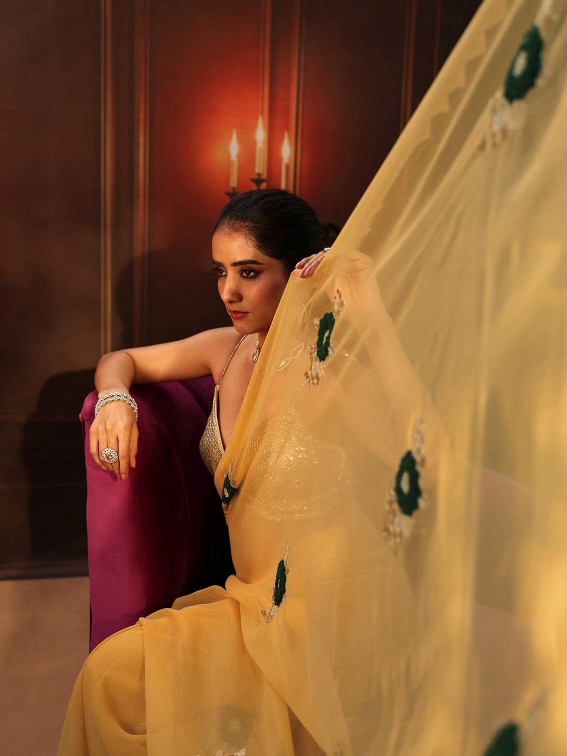 Mameraa Sunshine Yellow Chiffon Saree with Embellished Floral Motifs