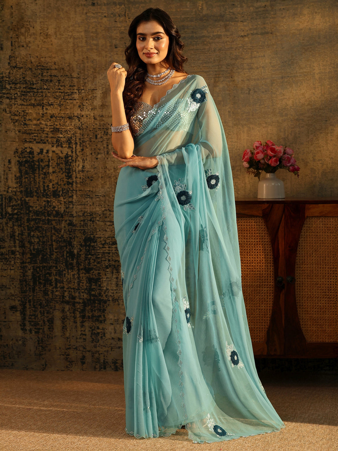 Mameraa Powder Blue Chiffon Saree with Embellished Floral Motifs