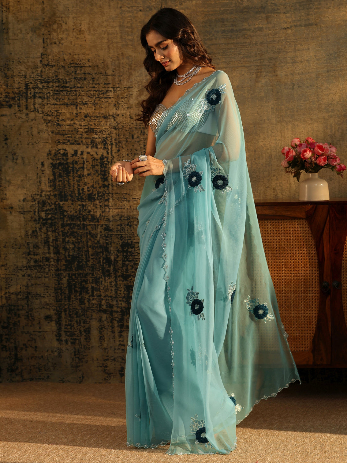 Mameraa Powder Blue Chiffon Saree with Embellished Floral Motifs