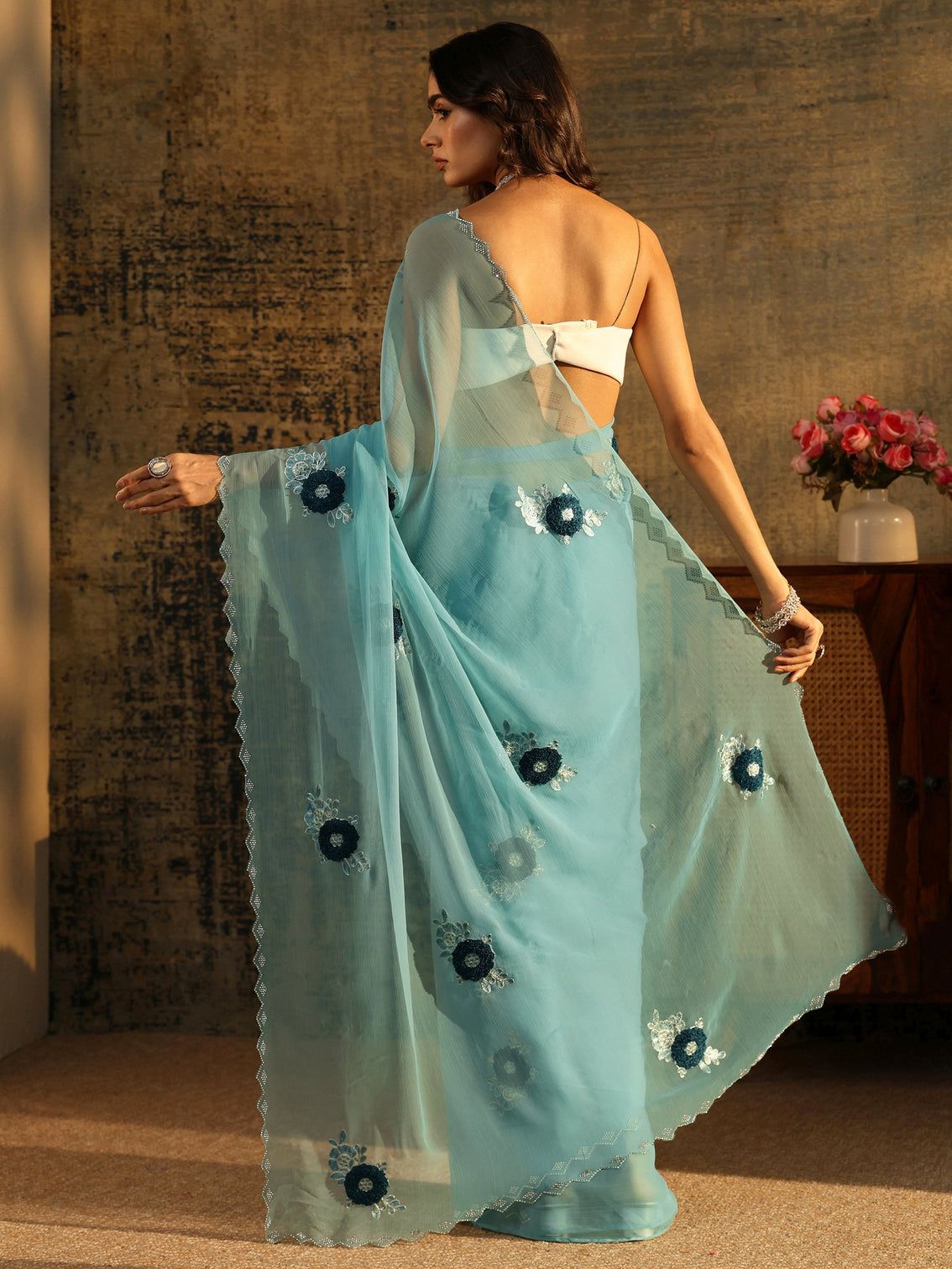 Mameraa Powder Blue Chiffon Saree with Embellished Floral Motifs