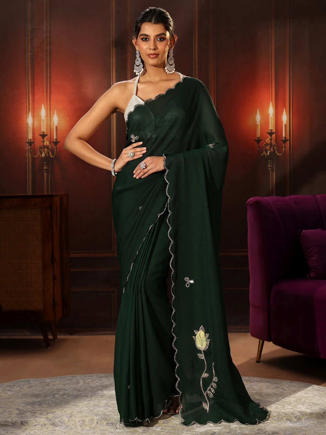 Mameraa Jungle Green Chiffon Saree with Floral Applique Design Pallu
