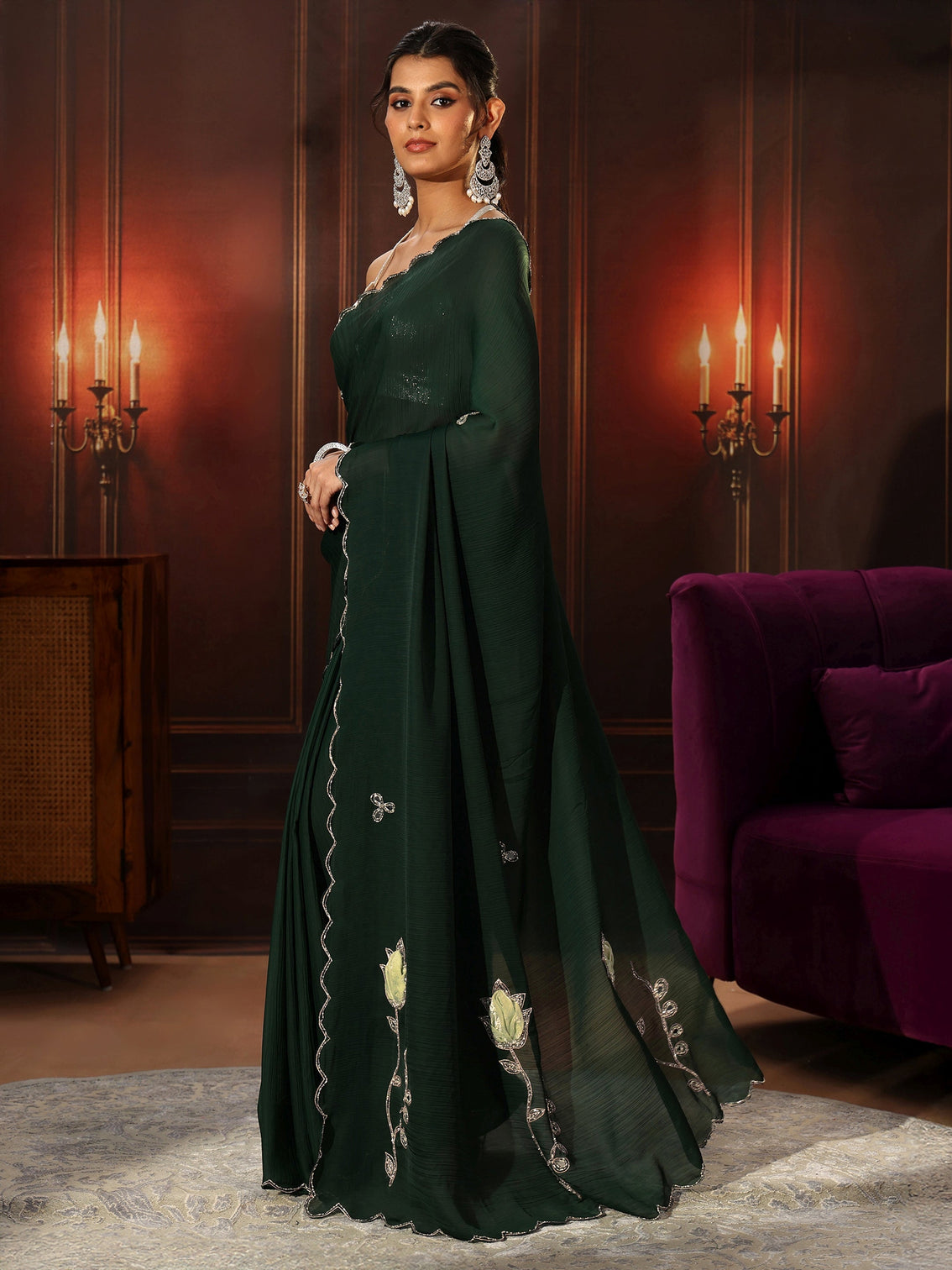Mameraa Jungle Green Chiffon Saree with Floral Applique Design Pallu