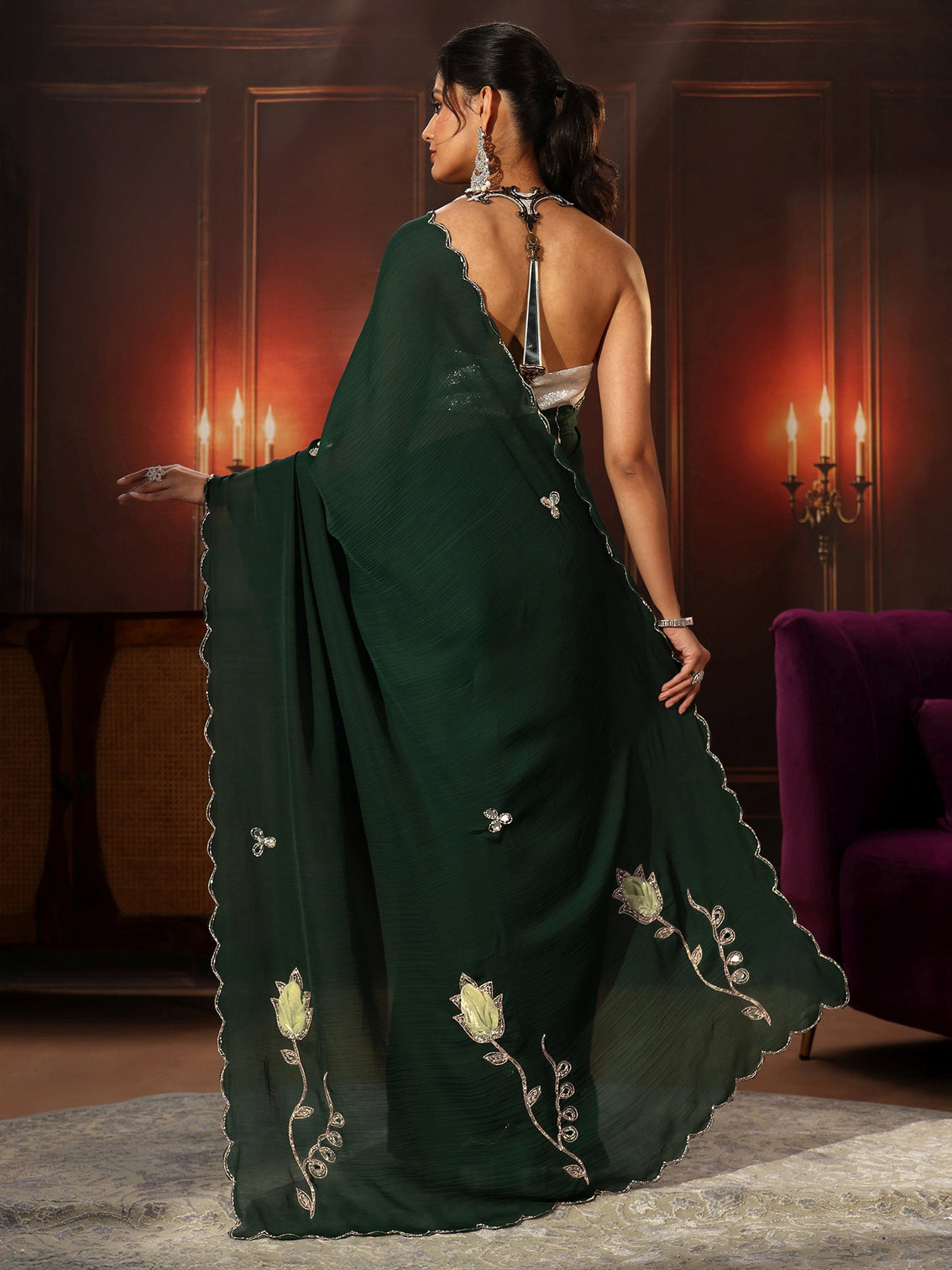 Mameraa Jungle Green Chiffon Saree with Floral Applique Design Pallu