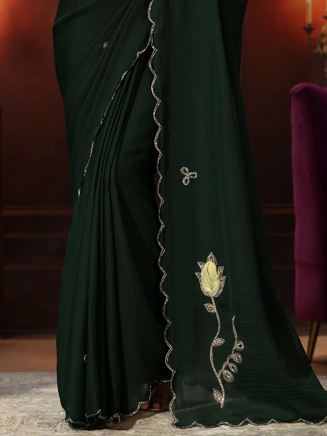 Mameraa Jungle Green Chiffon Saree with Floral Applique Design Pallu