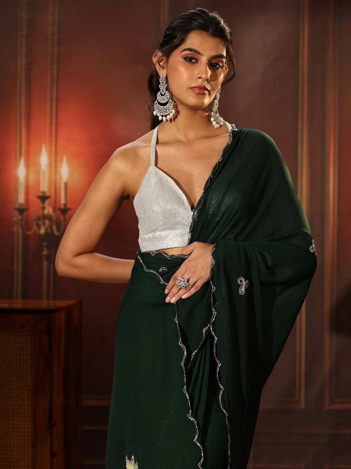 Mameraa Jungle Green Chiffon Saree with Floral Applique Design Pallu