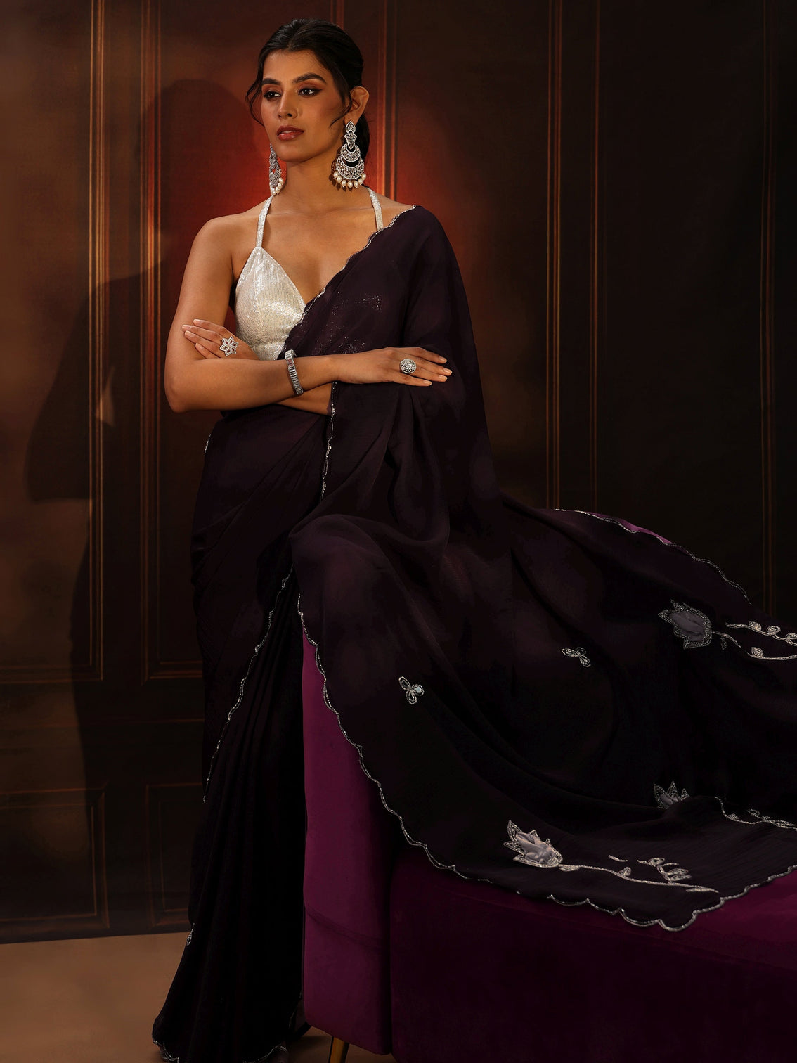 Mameraa Burgundy Chiffon Saree with Floral Applique Design Pallu